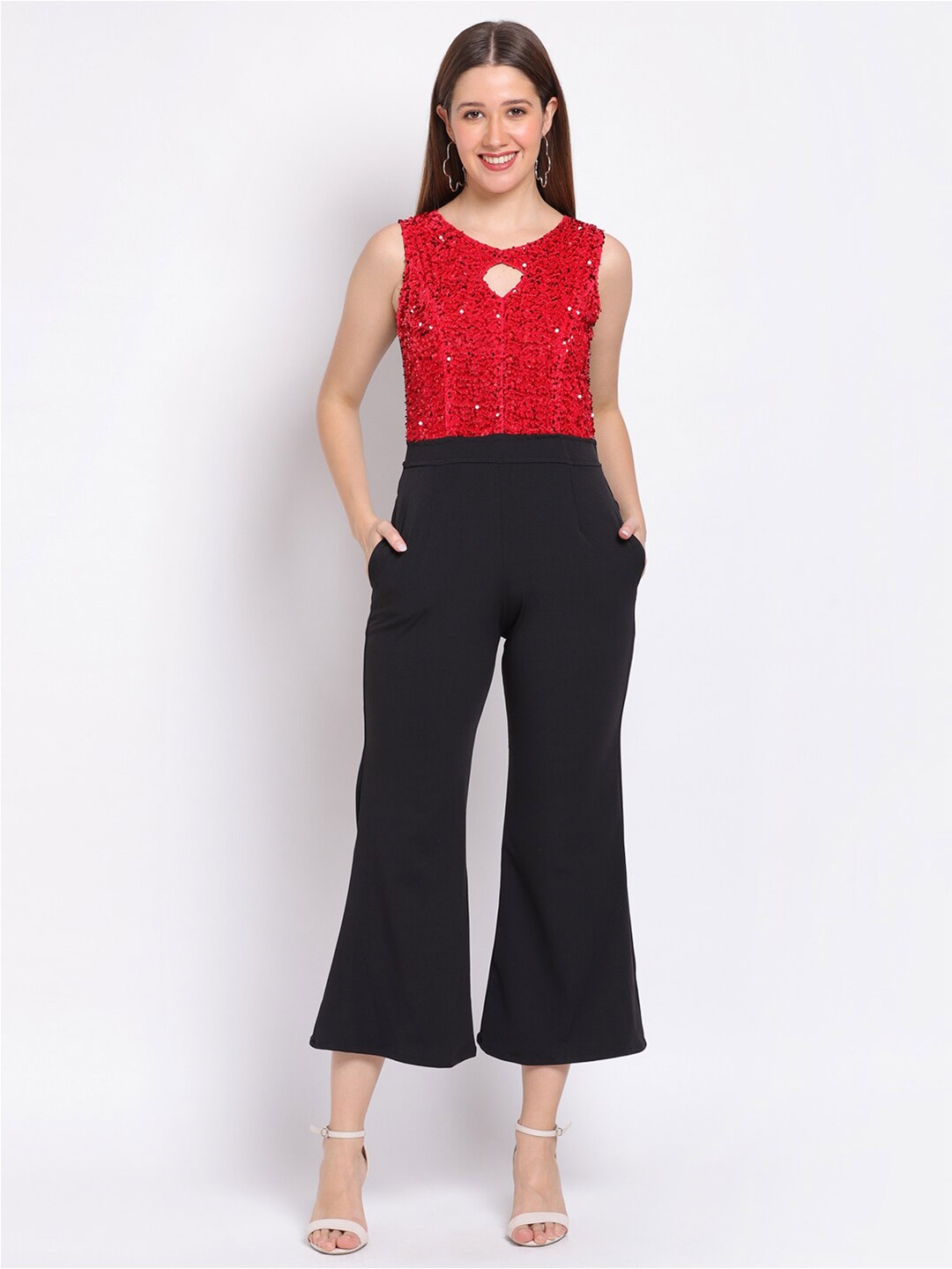 

HERE&NOW Black Embellished Keyhole Neck Sleeveless Basic Jumpsuit, Red