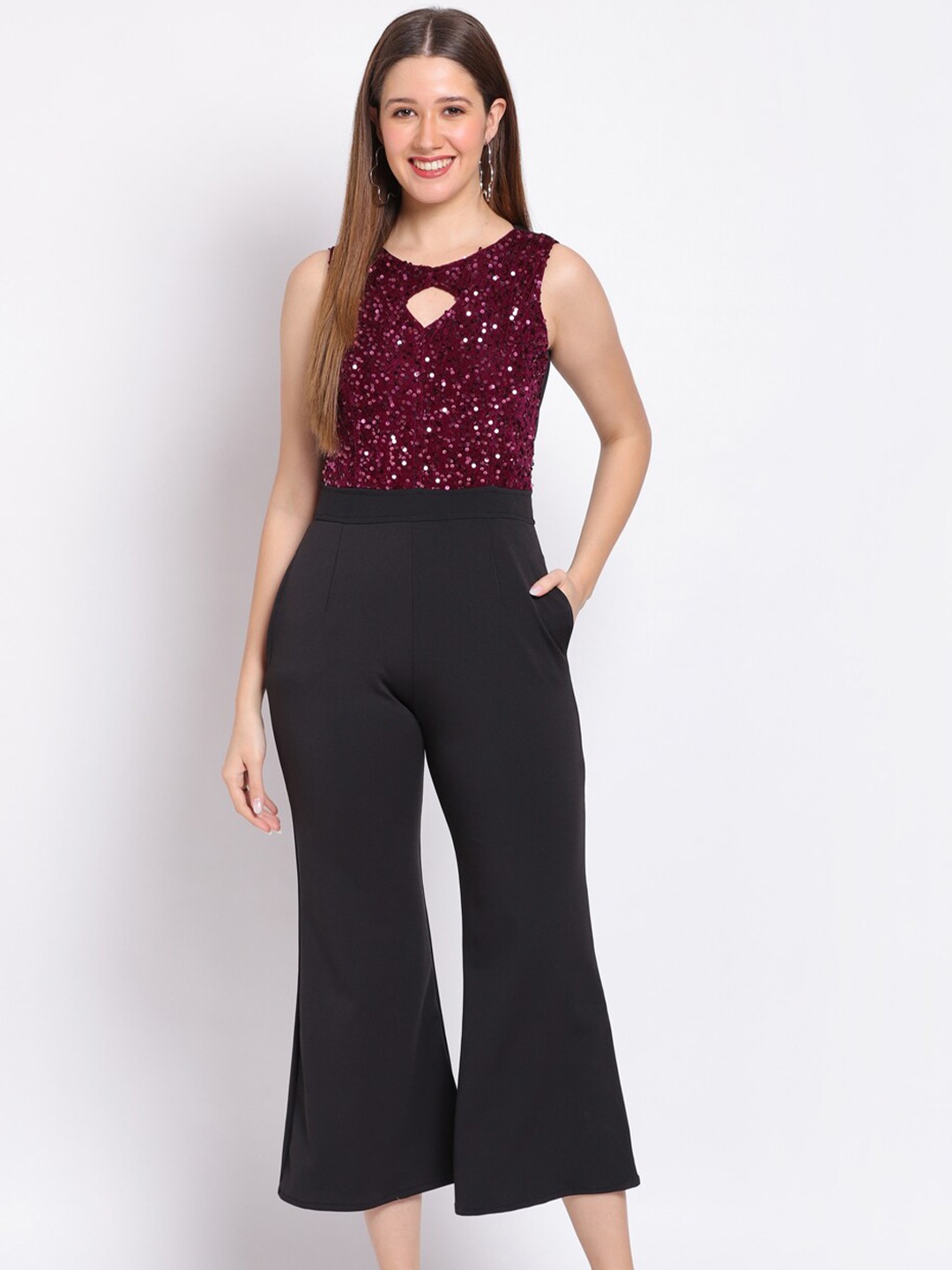

HERE&NOW Maroon & Black Embellished Keyhole Neck Sleeveless Basic Jumpsuit