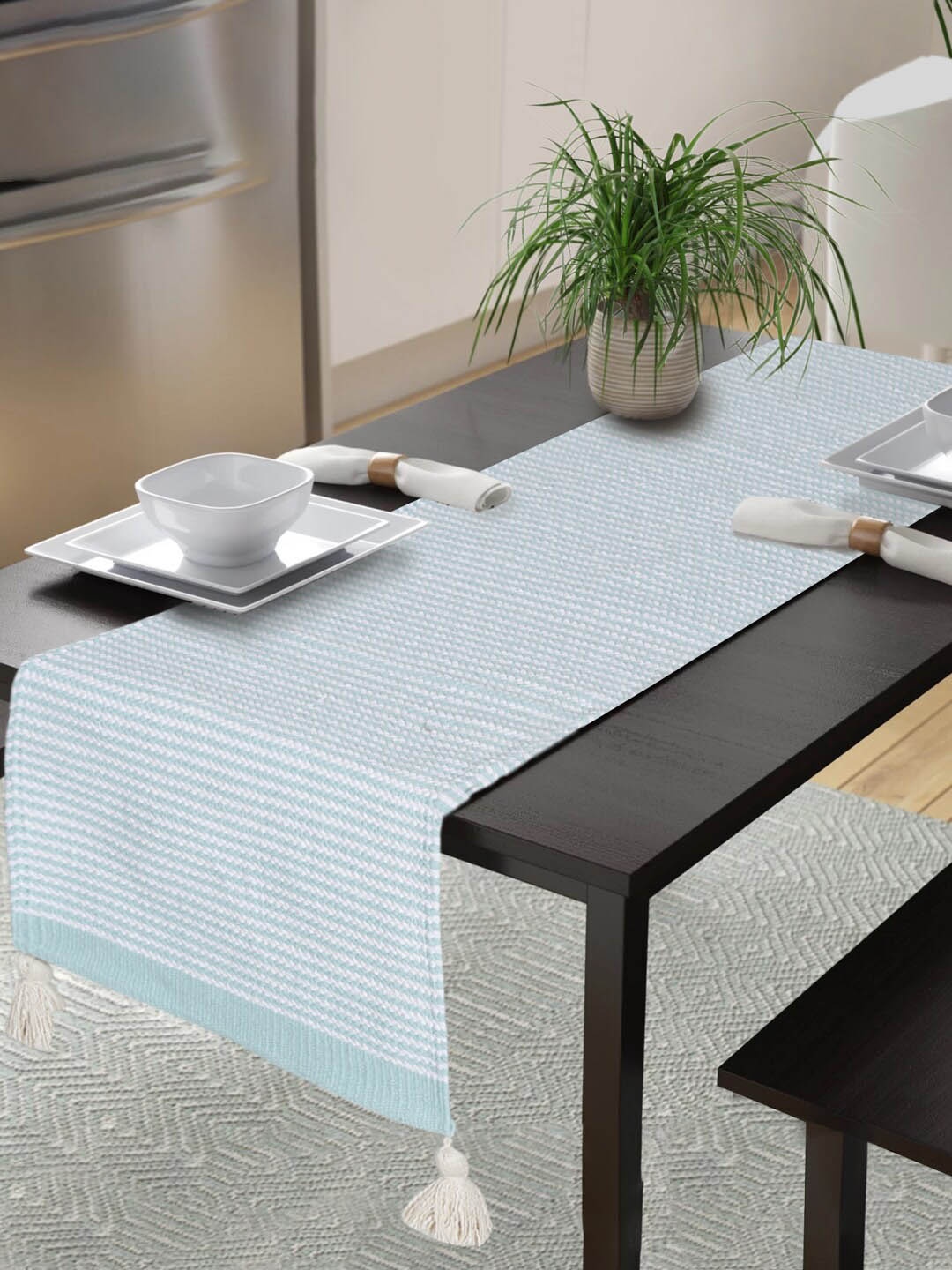 

eyda Turquoise Blue & White Striped Pure Cotton Table Runner