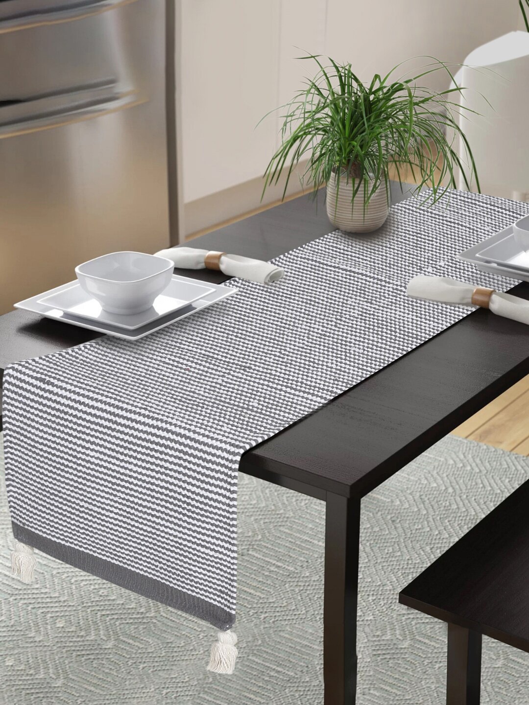 

eyda Grey & White Striped Pure Cotton Table Runner