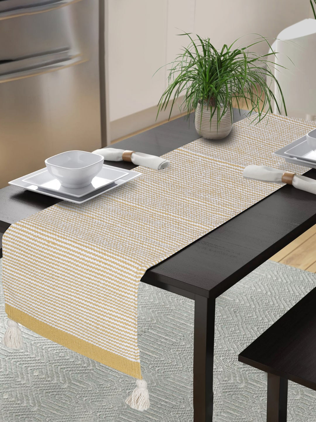 

eyda Yellow & White Striped Pure Cotton Table Runner