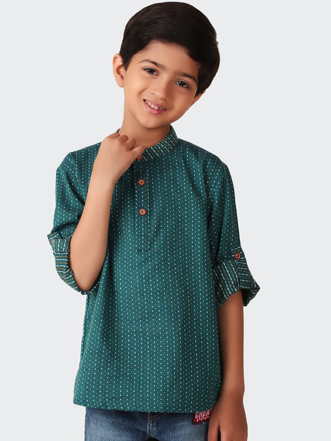 

Fabindia Boys Absrtact Printed Band Collar Cotton Kurta, Teal