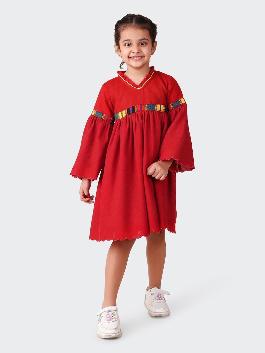 

Fabindia Girls Bell Sleeves Applique Woolen Empire Dress, Red