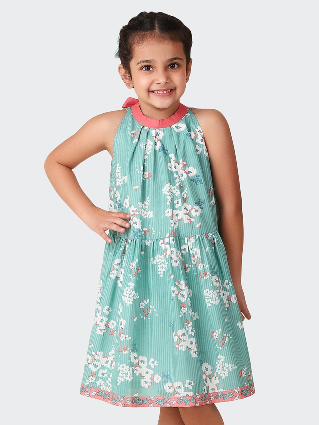 Fabindia Girls Floral Printed Cotton A-Line Dress, Teal
