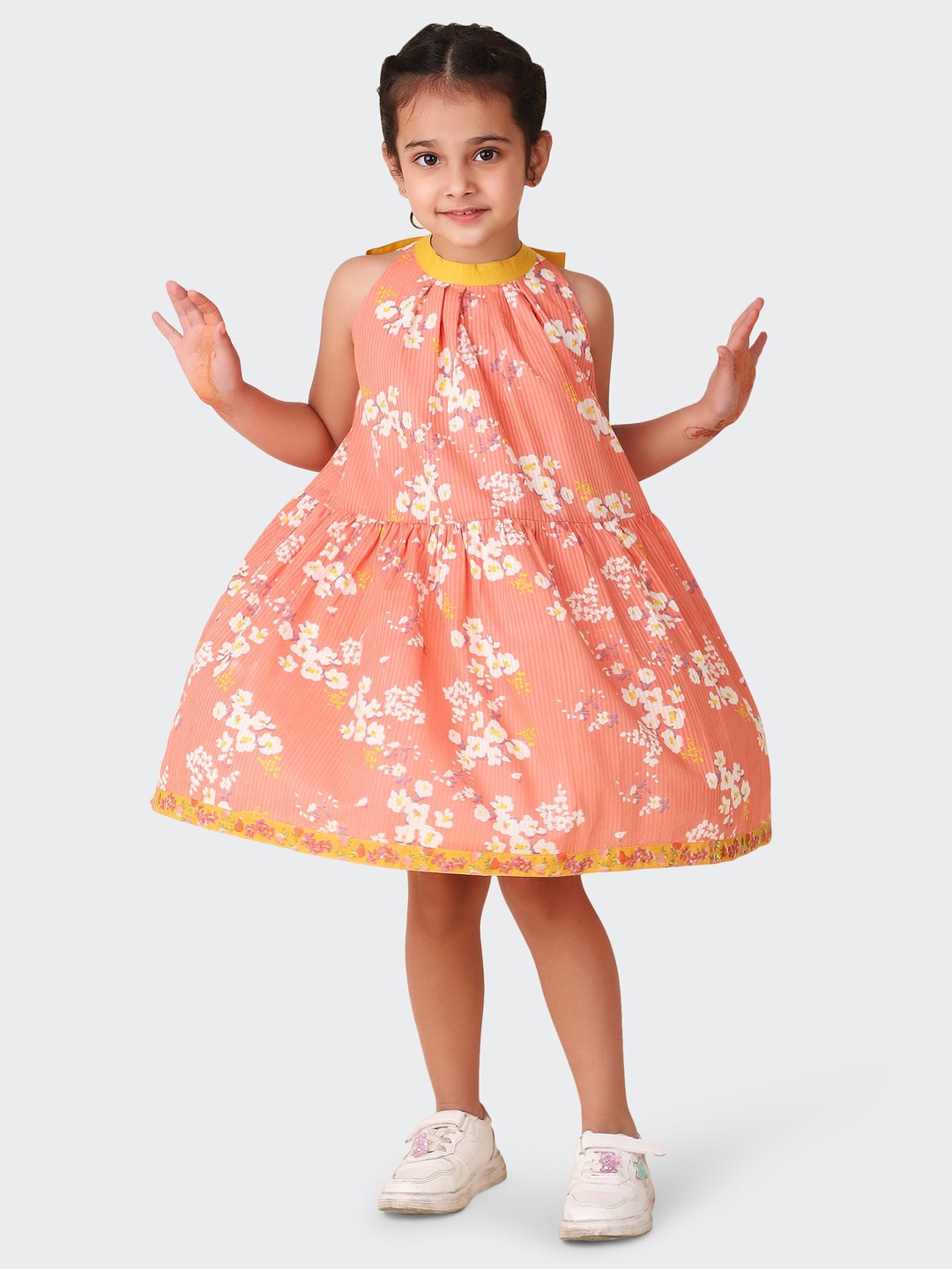 

Fabindia Girls Floral Printed Cotton A-Line Dress, Peach