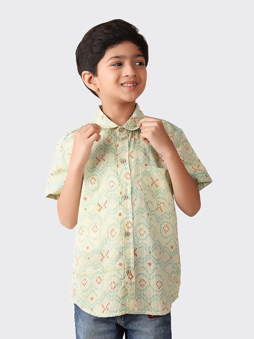 

Fabindia Boys Ethnic Motifs Printed Cotton Casual Shirt, Yellow