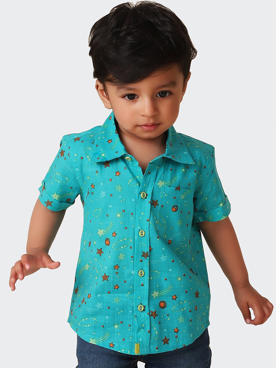 

Fabindia Boys Conversational Printed Cotton Casual Shirt, Teal