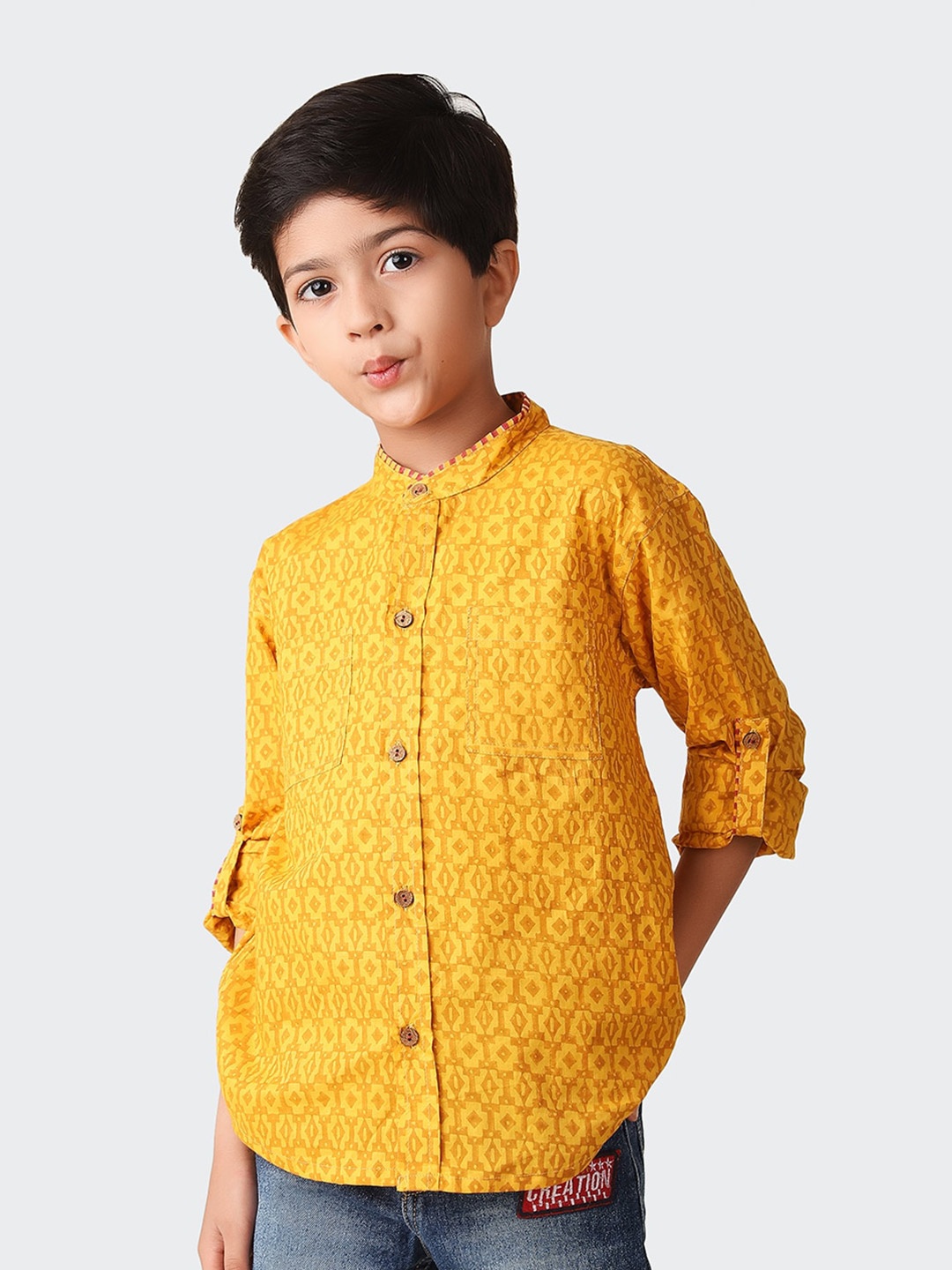 

Fabindia Boys Ethnic Motifs Printed Cotton Casual Shirt, Yellow