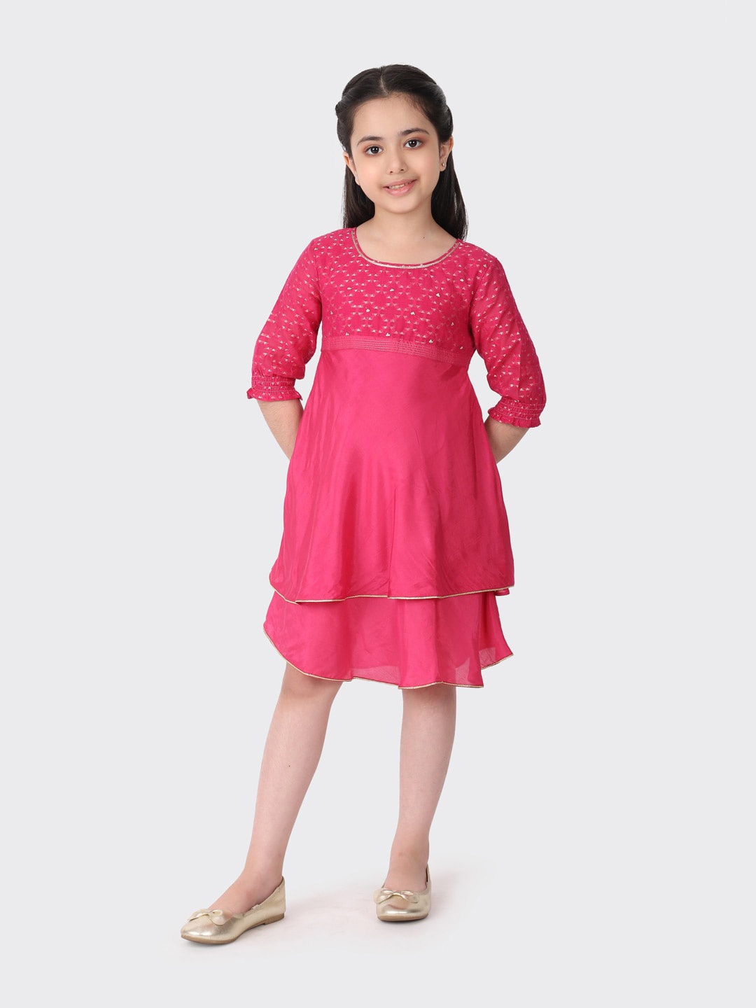 Fabindia Girls Self Design Layered A-line Dress, Pink