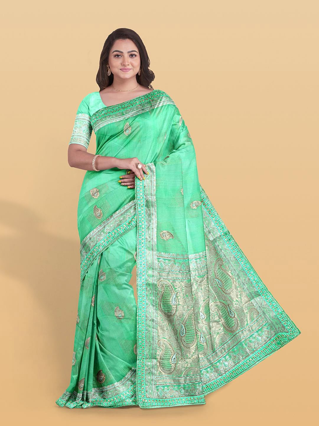 

Kalamandir Paisley Woven Design Zari Jute Silk Saree, Sea green