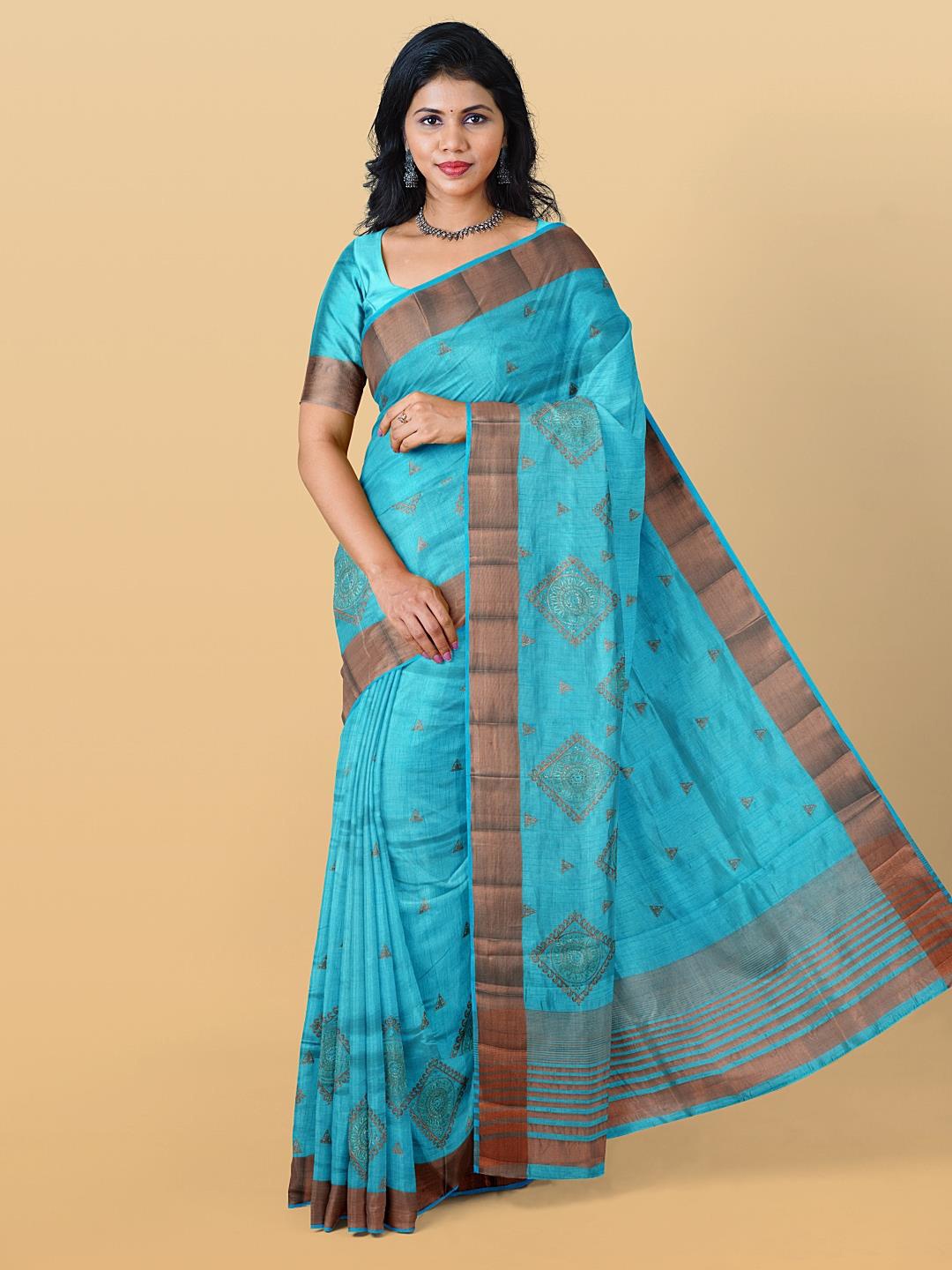 

Kalamandir Ethnic Motifs Printed Zari Pashmina Saree, Blue