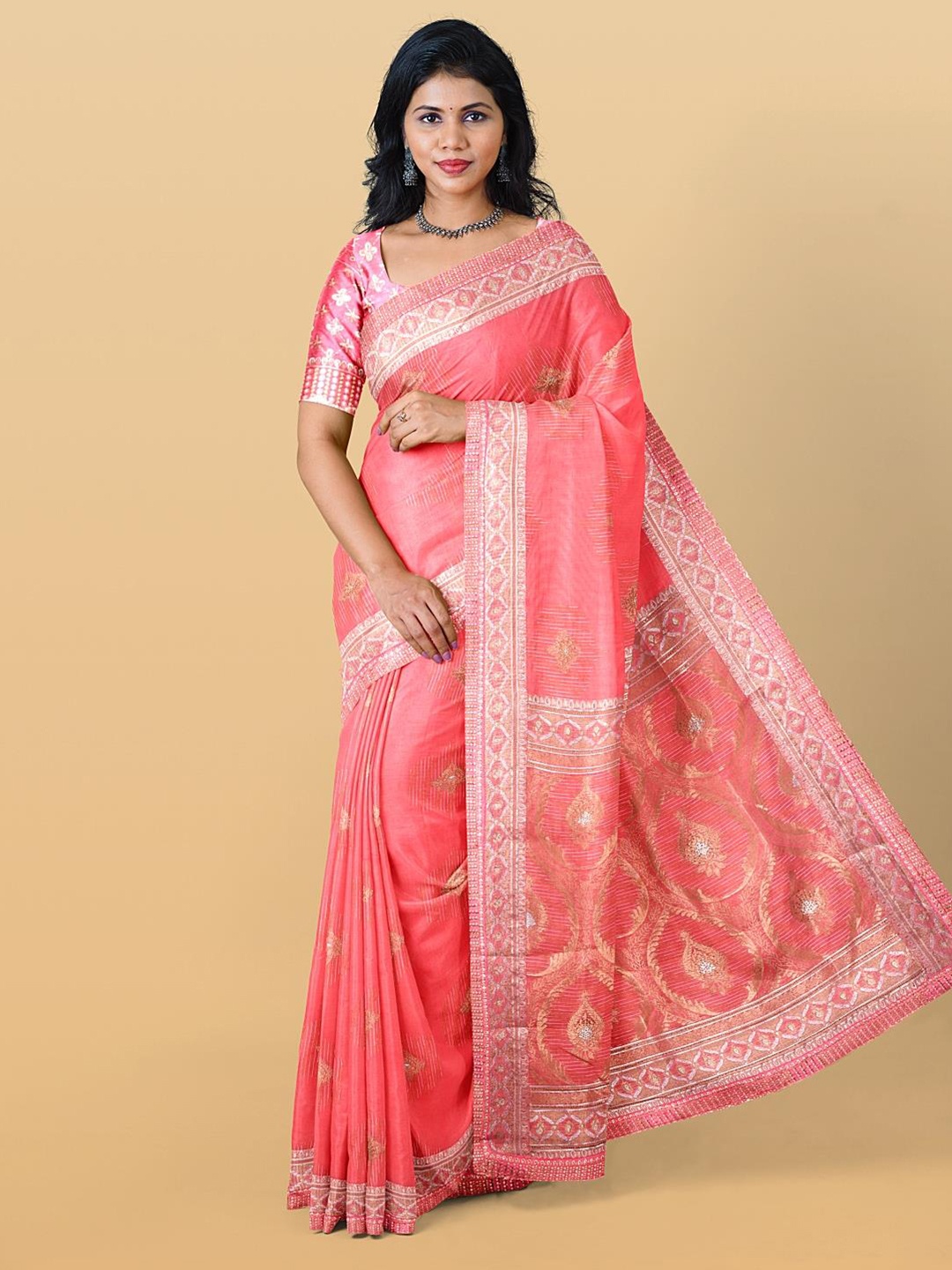 Kalamandir Ethnic Motifs Embroidered Jute Silk Saree, Pink