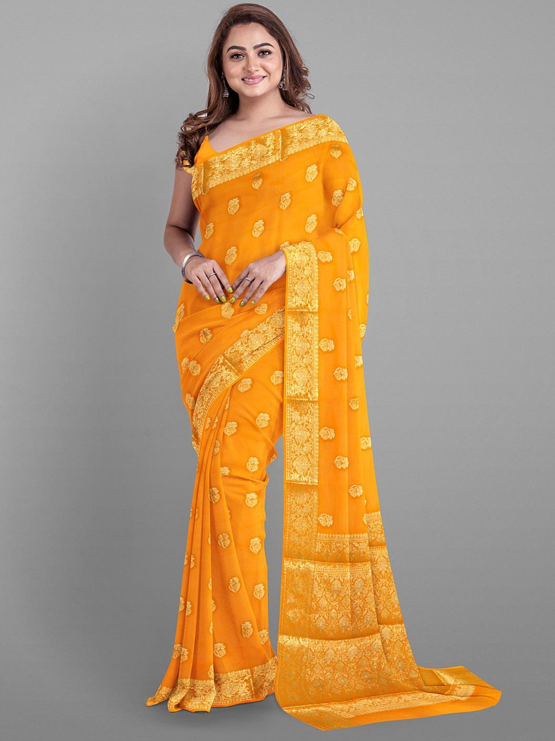 

Kalamandir Floral Woven Design Zari Saree, Mustard