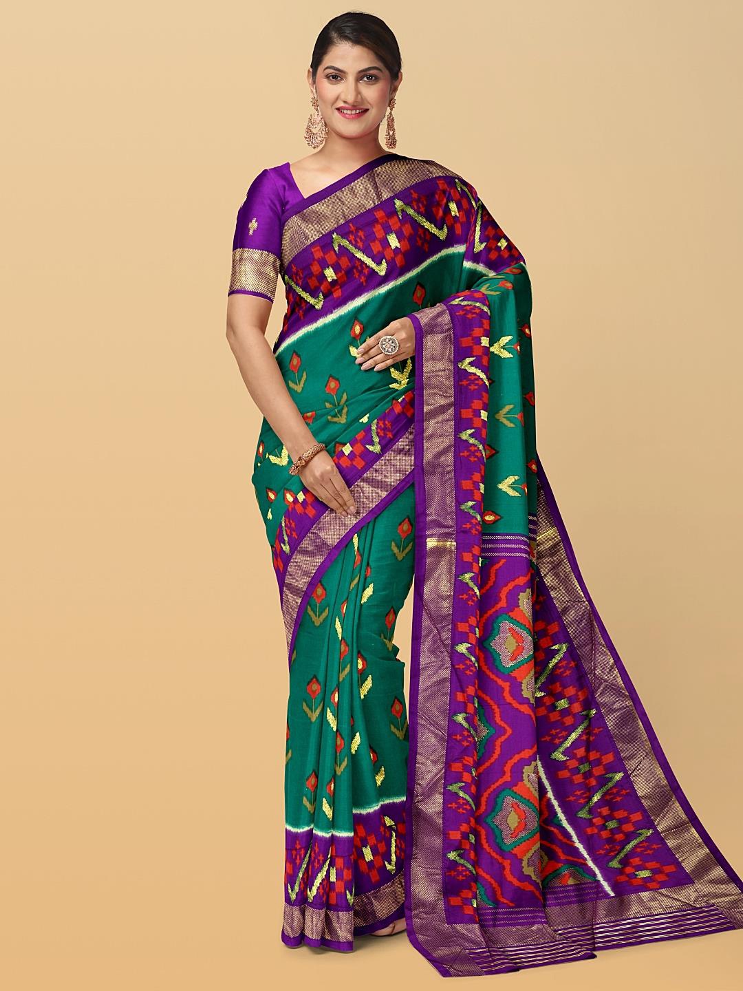 

Kalamandir Ikkat Printed Zari Saree, Teal