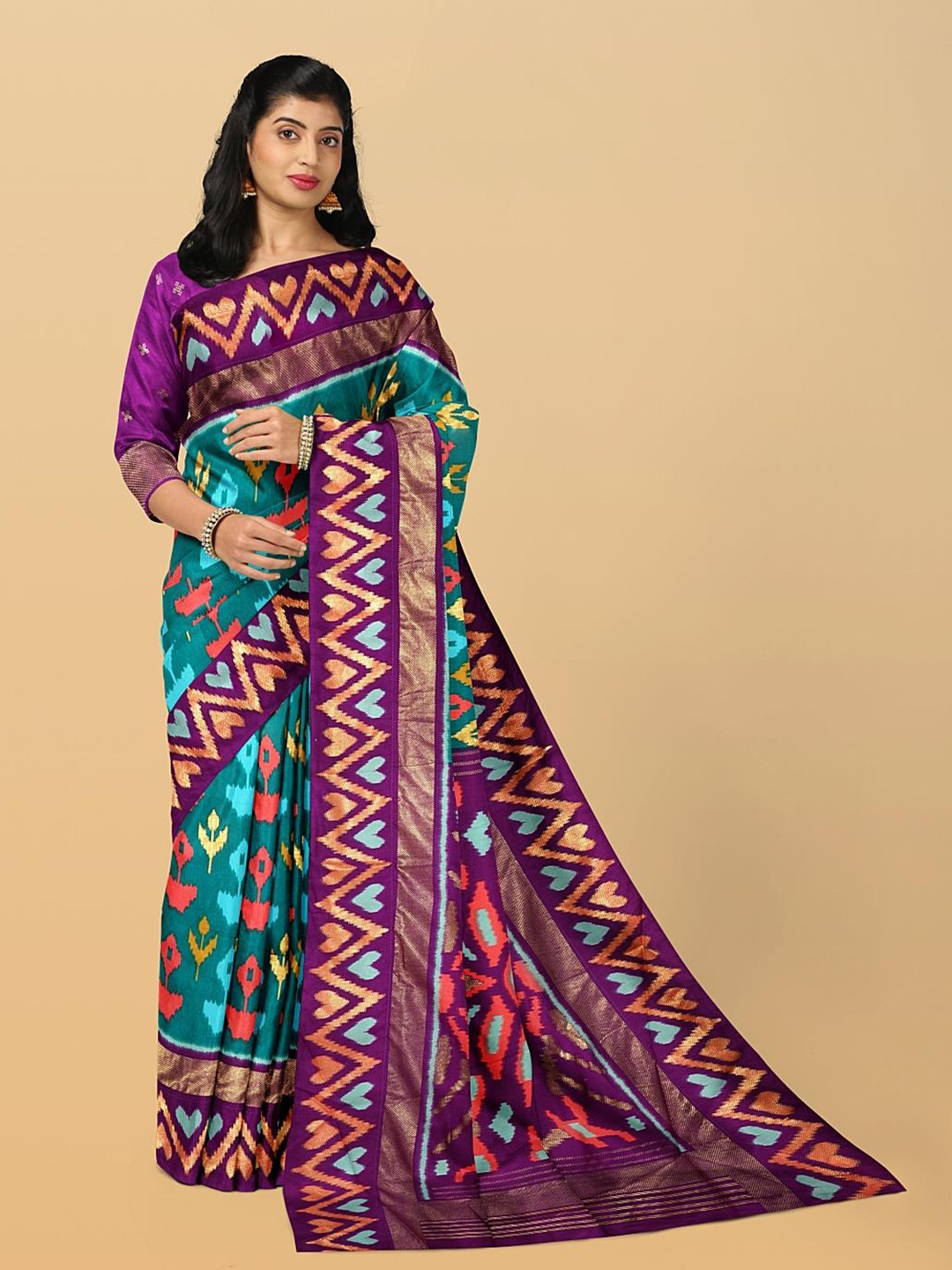 

Kalamandir Ikkat Printed Silk Blend Saree, Teal
