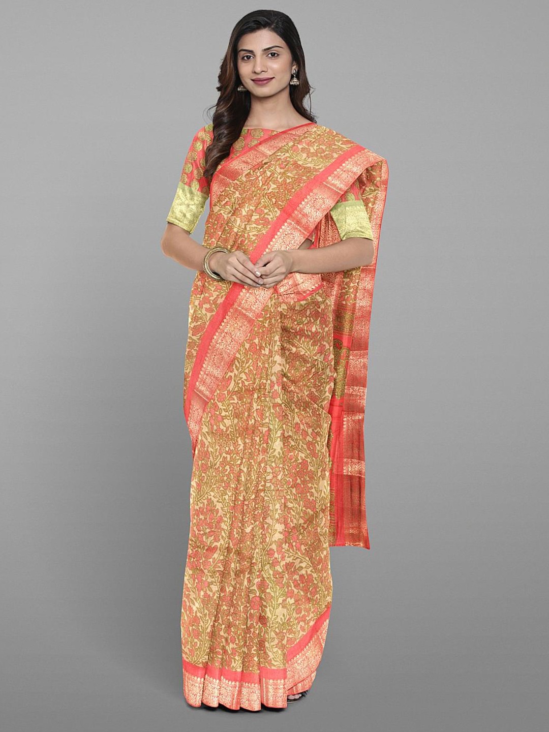 

Kalamandir Floral Printed Zari Saree, Cream