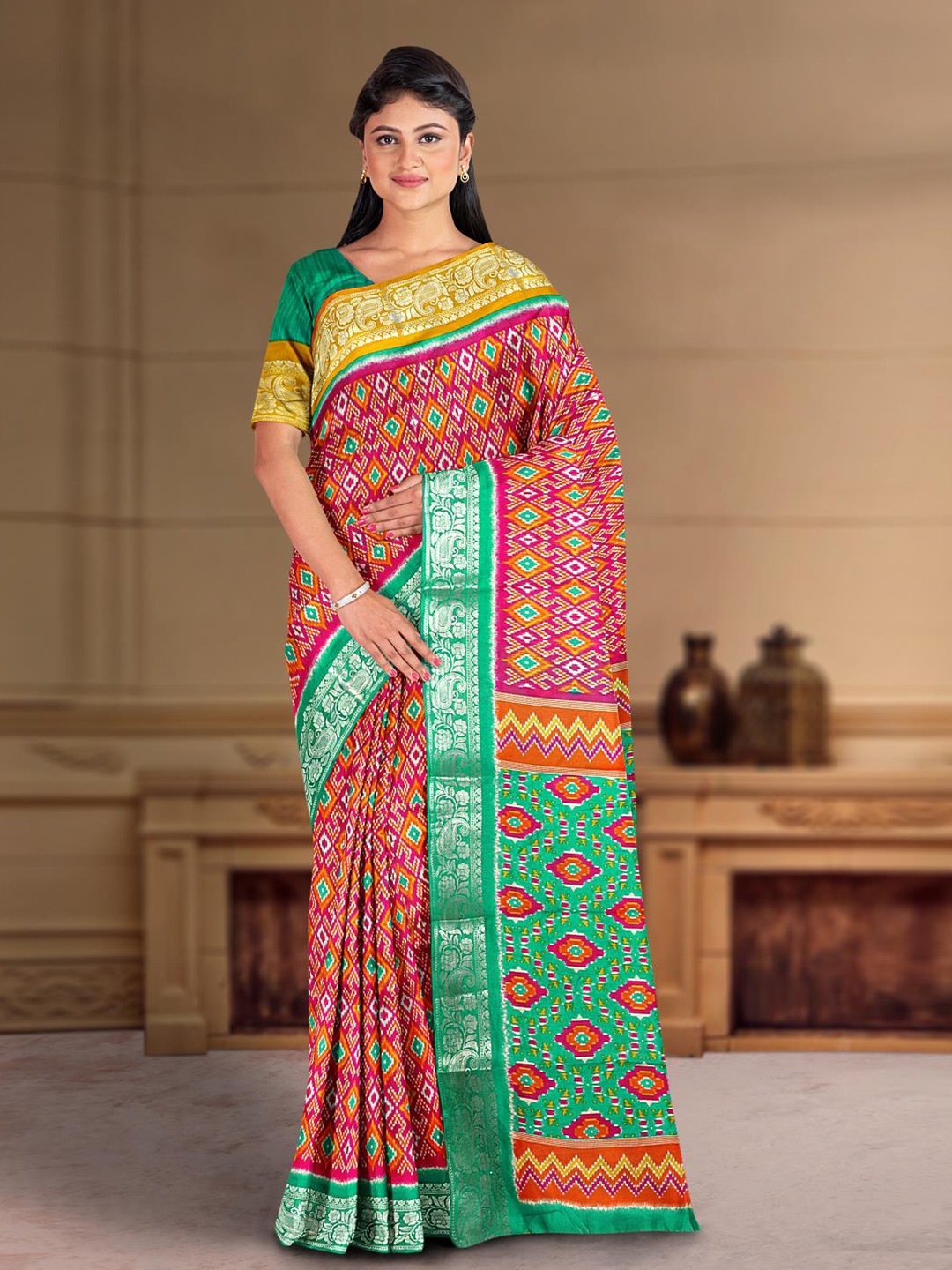 

Kalamandir Geometric Printed Zari Ikkat Saree, Pink
