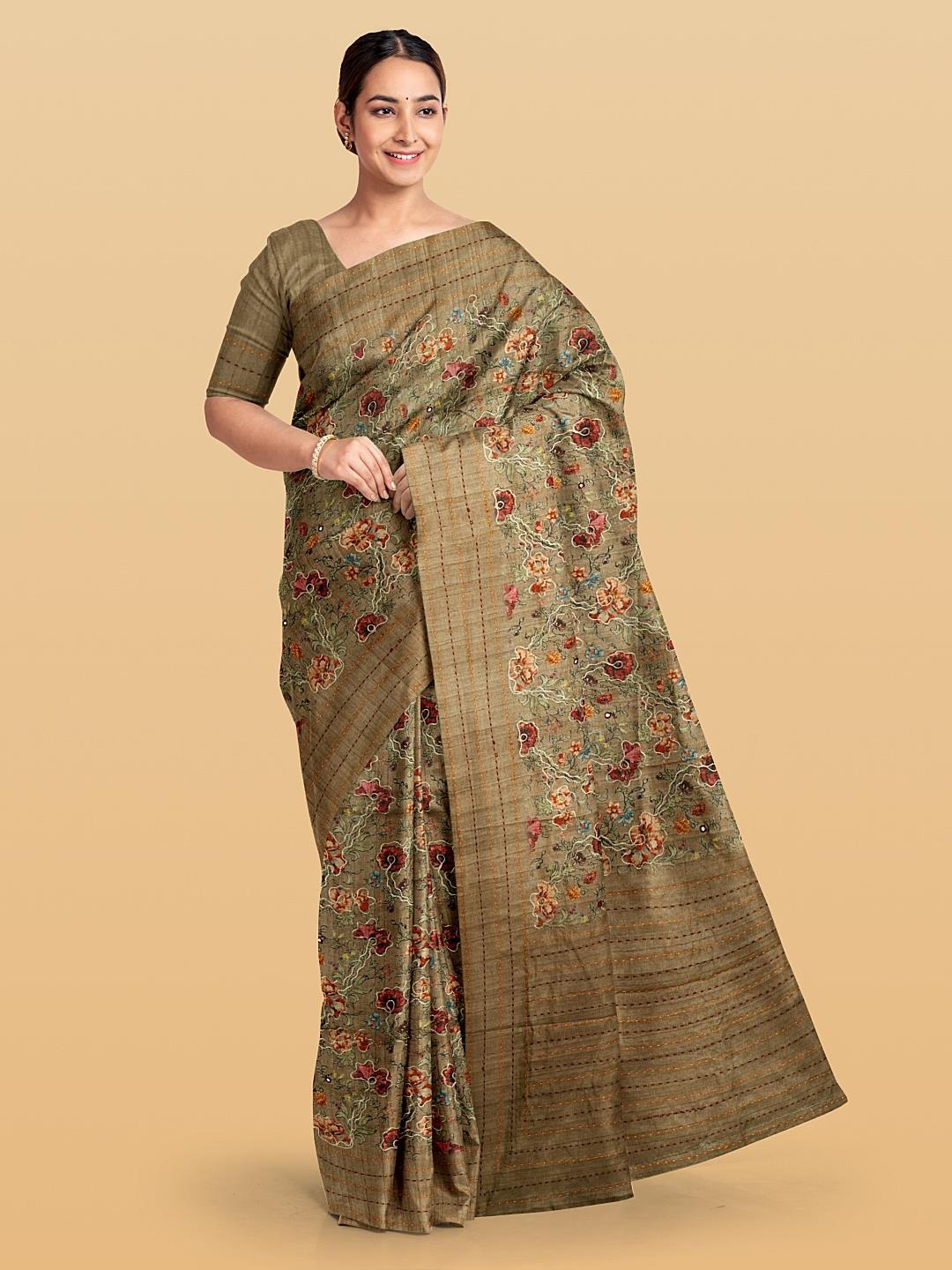 

Kalamandir Floral Embroidered Saree, Brown