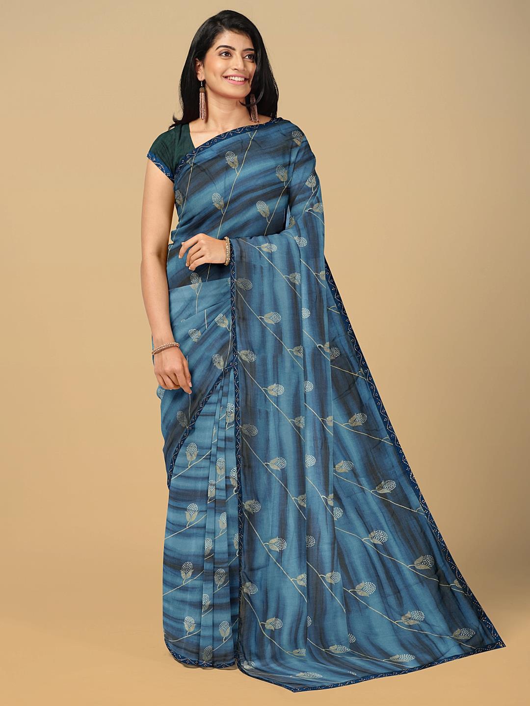 

Kalamandir Floral Print Stone Work Saree With Blouse Piece, Blue