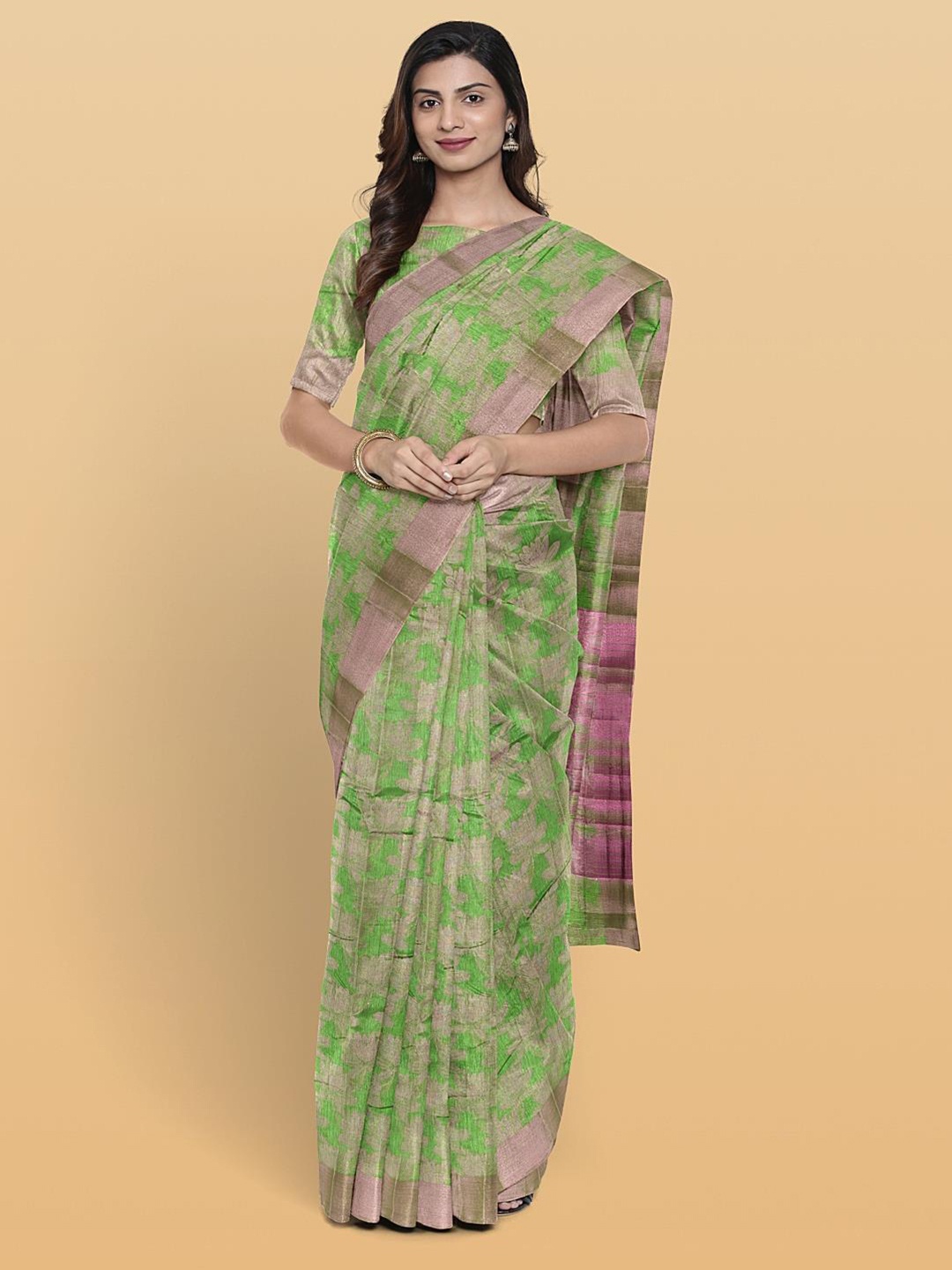

Kalamandir Floral Printed Zari Pashmina Saree, Olive