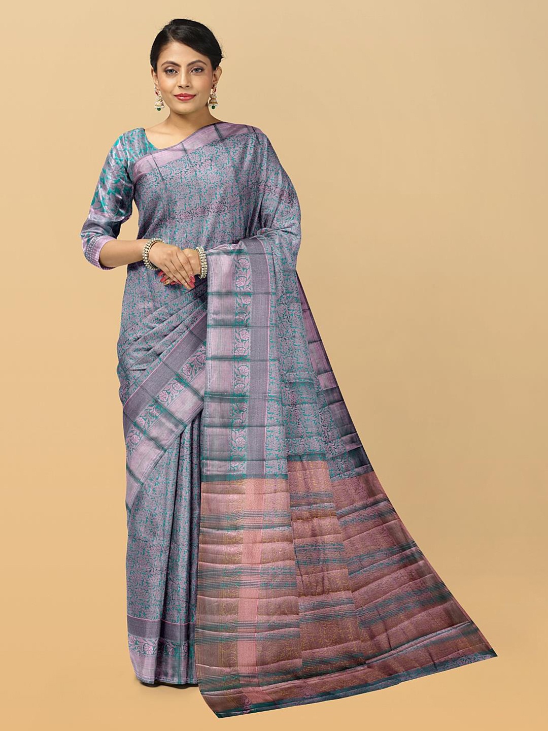 

Kalamandir Floral Woven Design Zari Pashmina Saree, Green