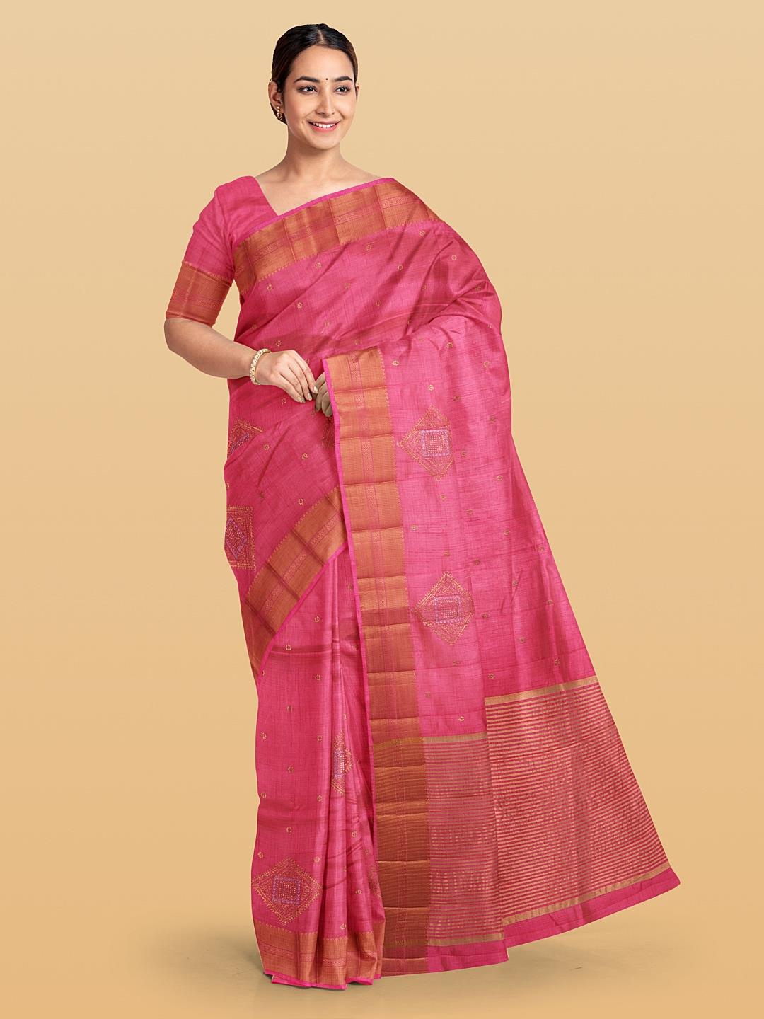 

Kalamandir Ethnic Motif Woven Design Stone Work Zari Pashmina Saree, Pink