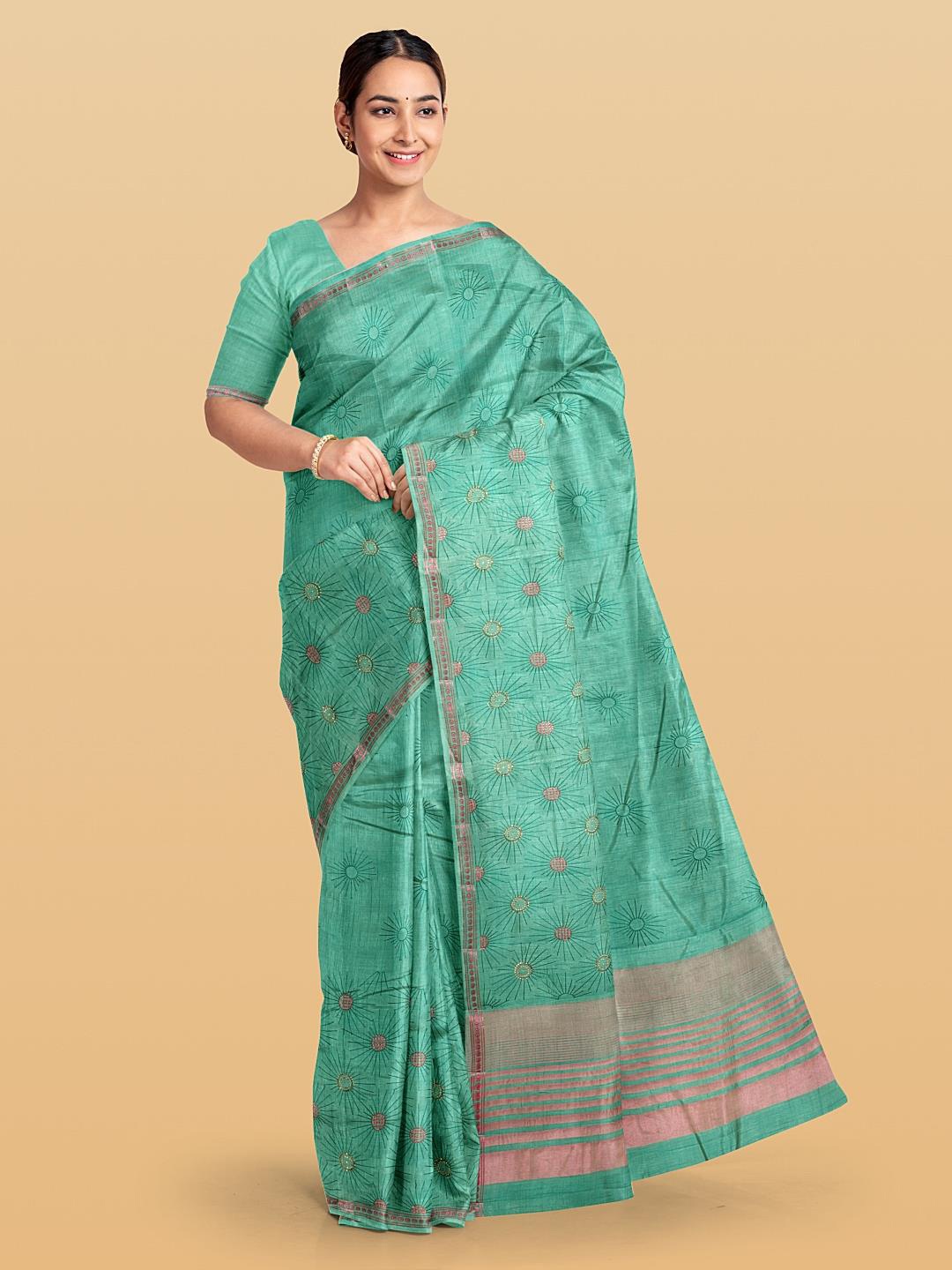 

Kalamandir Abstract Printed Zari Pashmina Saree, Sea green