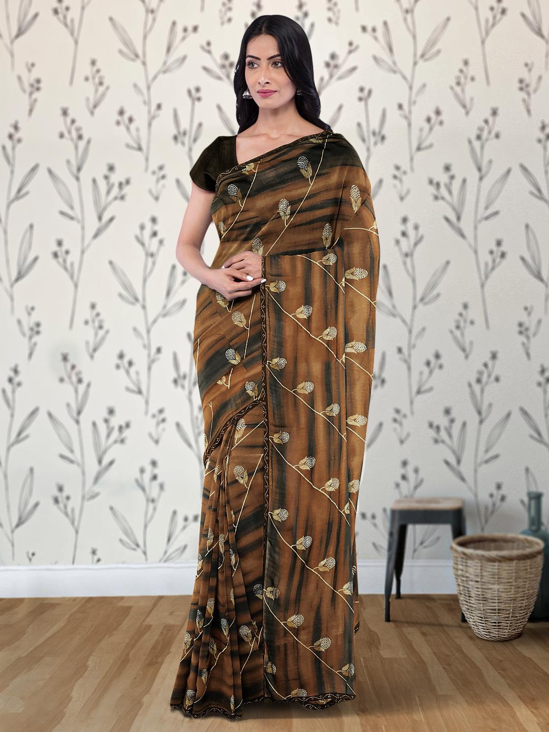 

Kalamandir Floral Beads and Stones Cotton Blend Saree, Brown