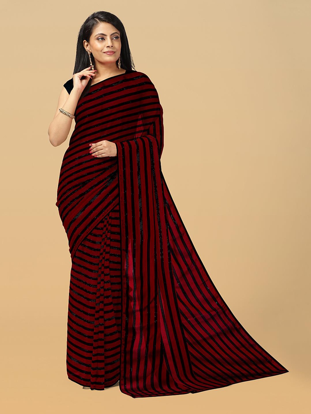 

Kalamandir Striped Embellished Poly Georgette Saree, Maroon