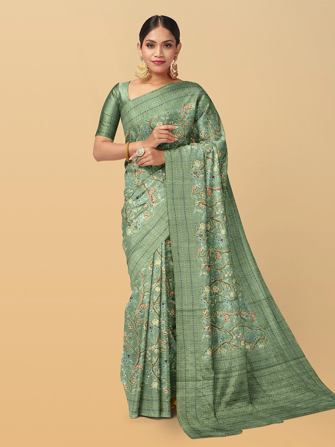 

Kalamandir Floral Printed Silk Blend Saree, Olive