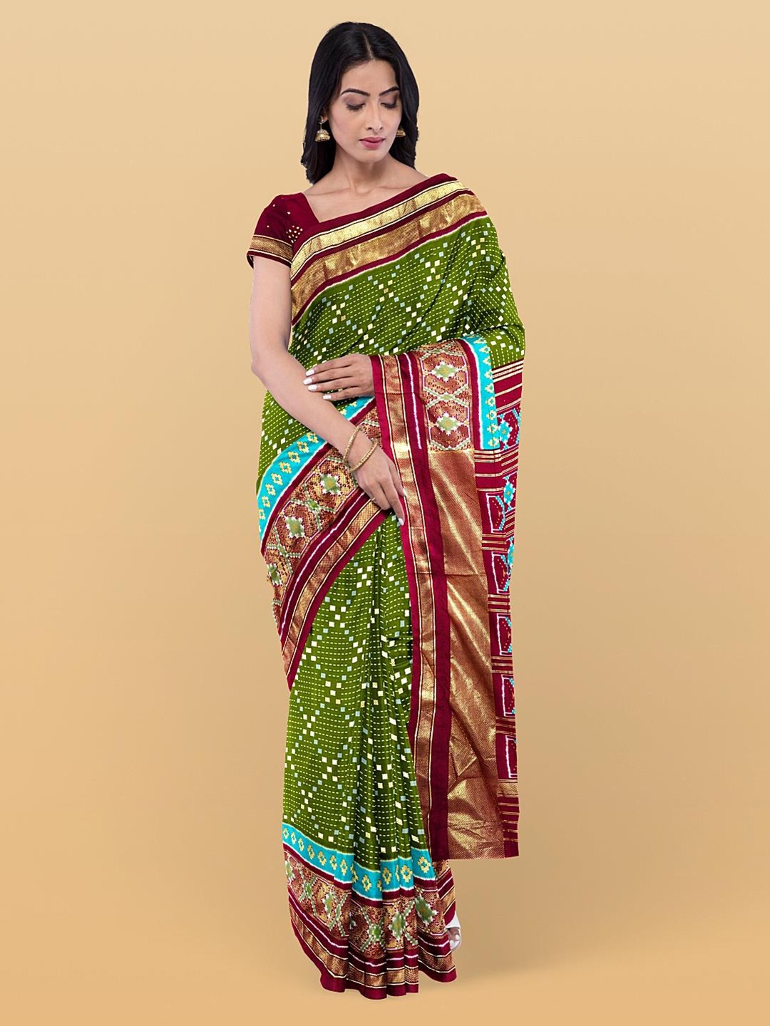 

Kalamandir Geometric Printed Zari Silk Blend Saree, Olive