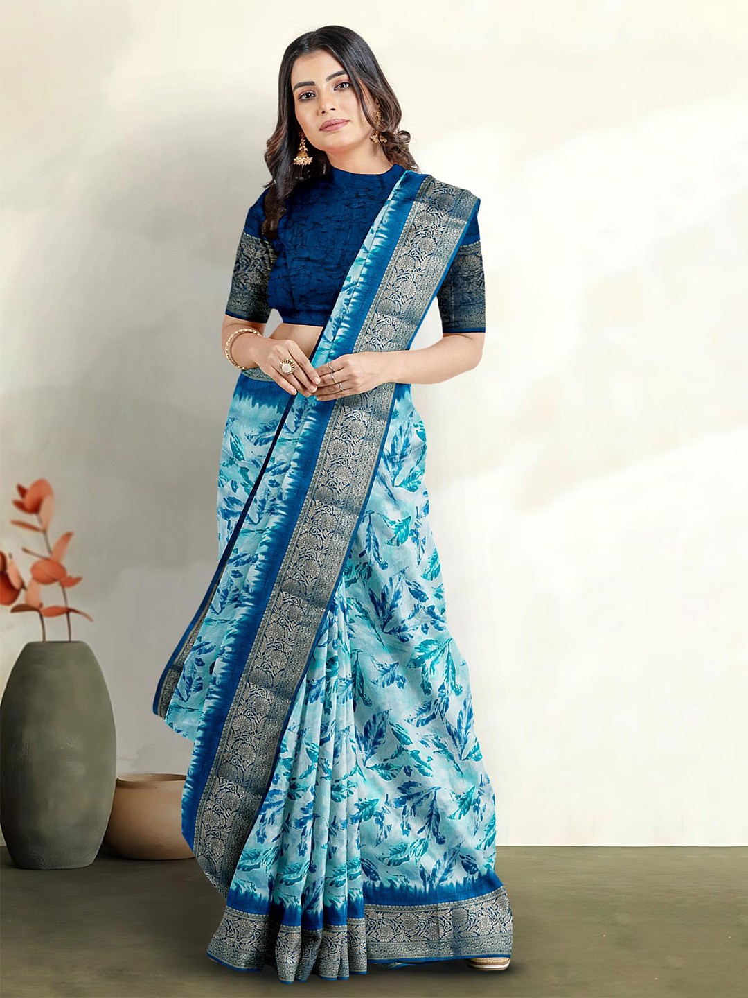 

Kalamandir Leaf Pinted Zari Pure Cotton Saree, Blue