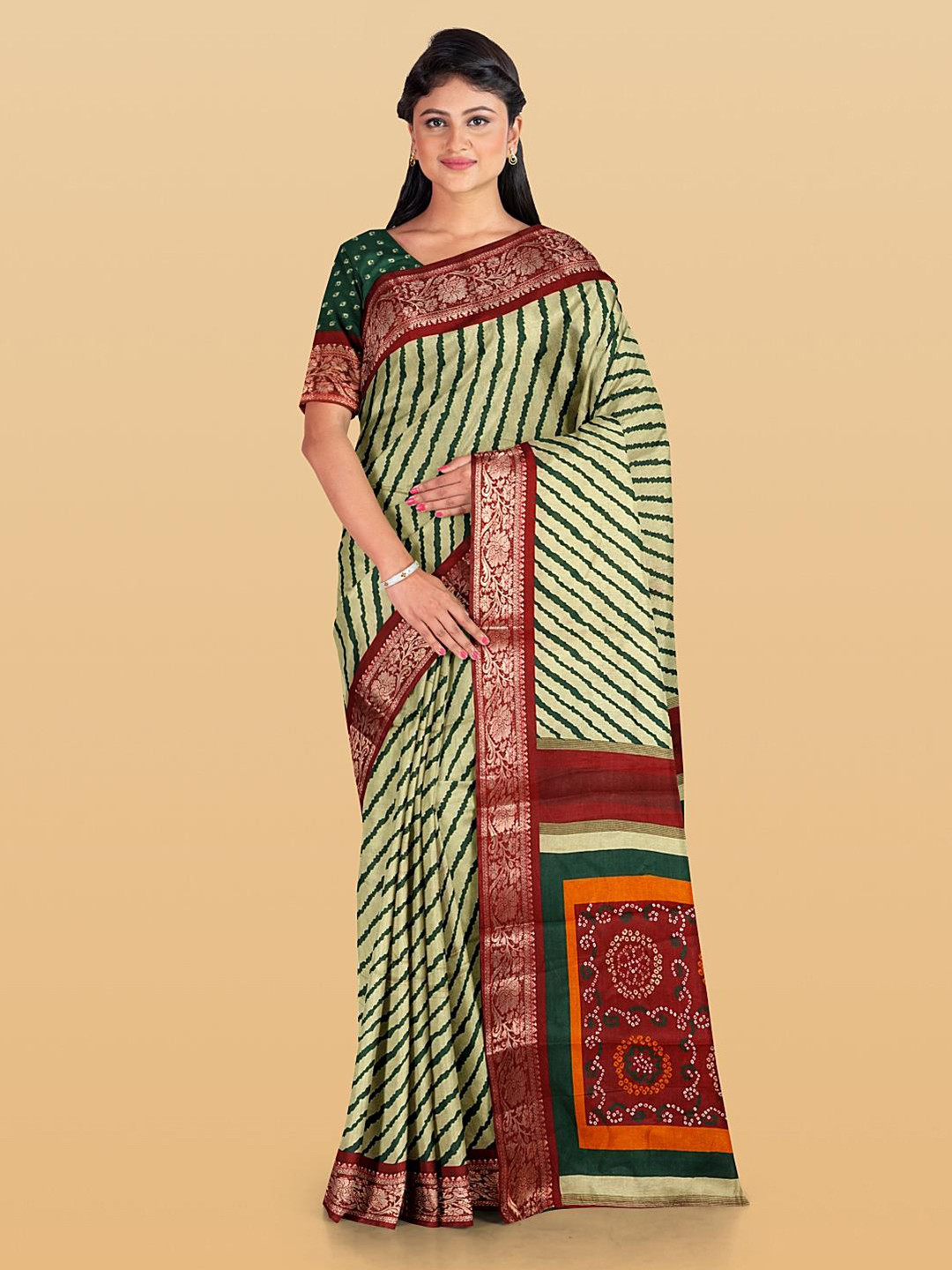 

Kalamandir Leheriya Zari Silk Blend Saree, Cream