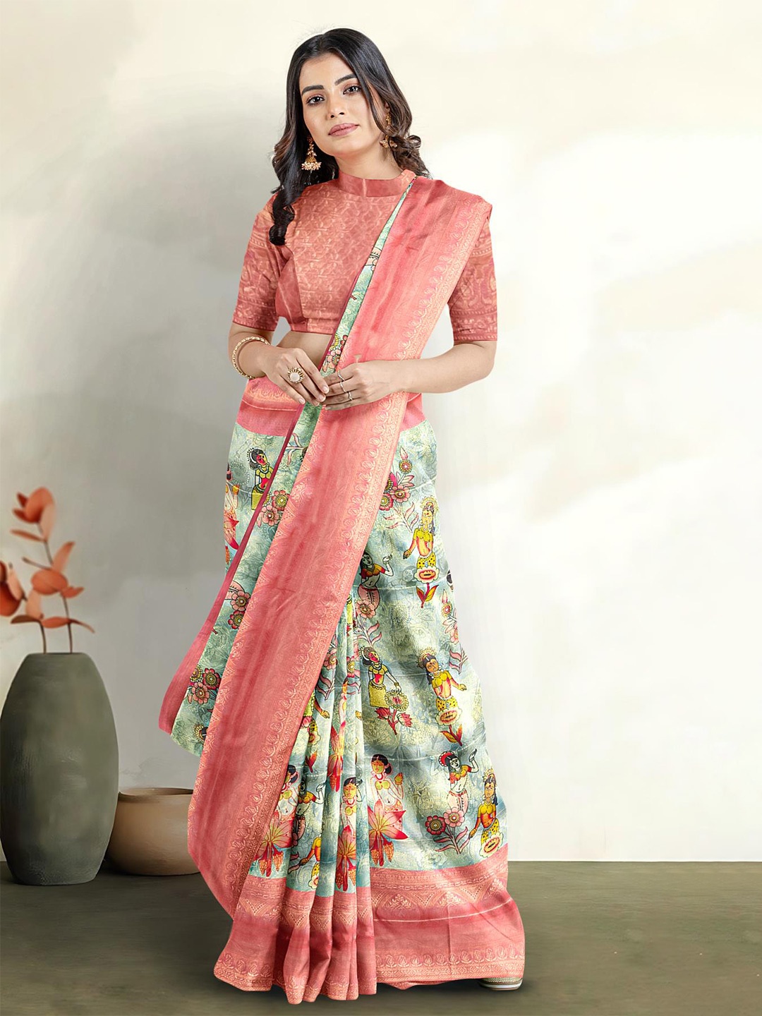 

Kalamandir Kalamkari Printed Zari Silk Blend Saree, Grey