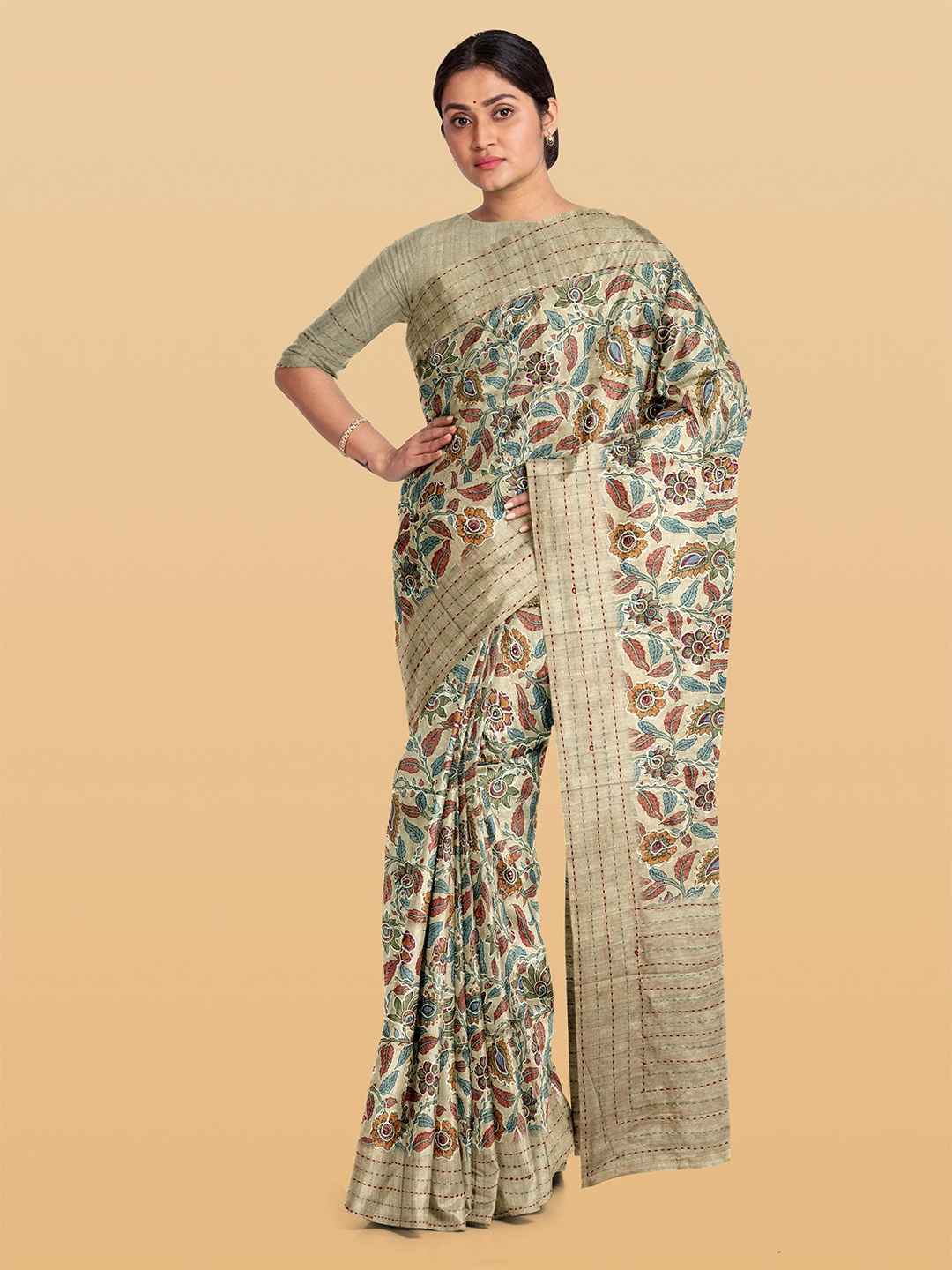 

Kalamandir Floral Printed Silk Blend Saree, Cream
