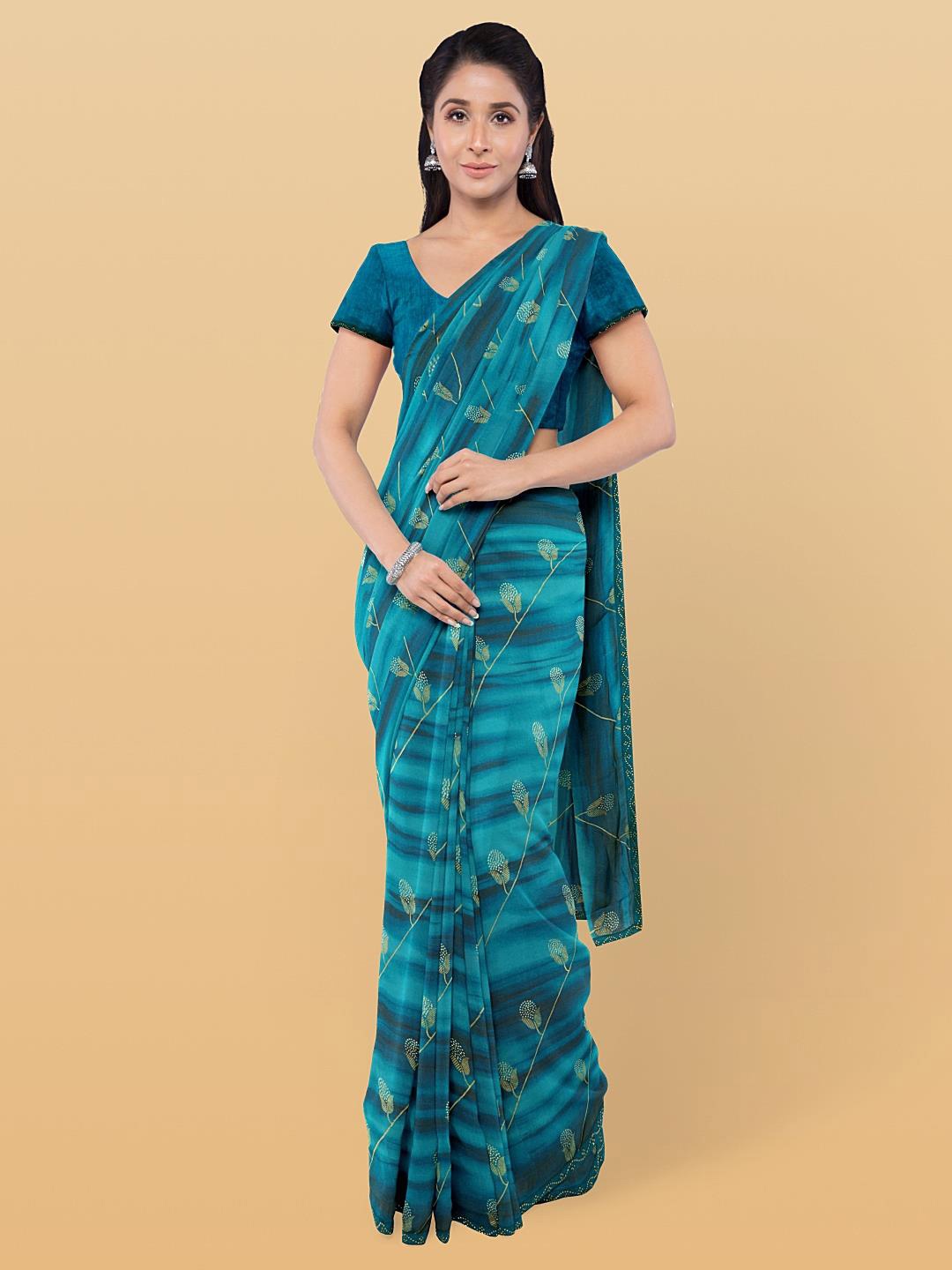 

Kalamandir Floral Printed Beads and Stones Saree, Blue