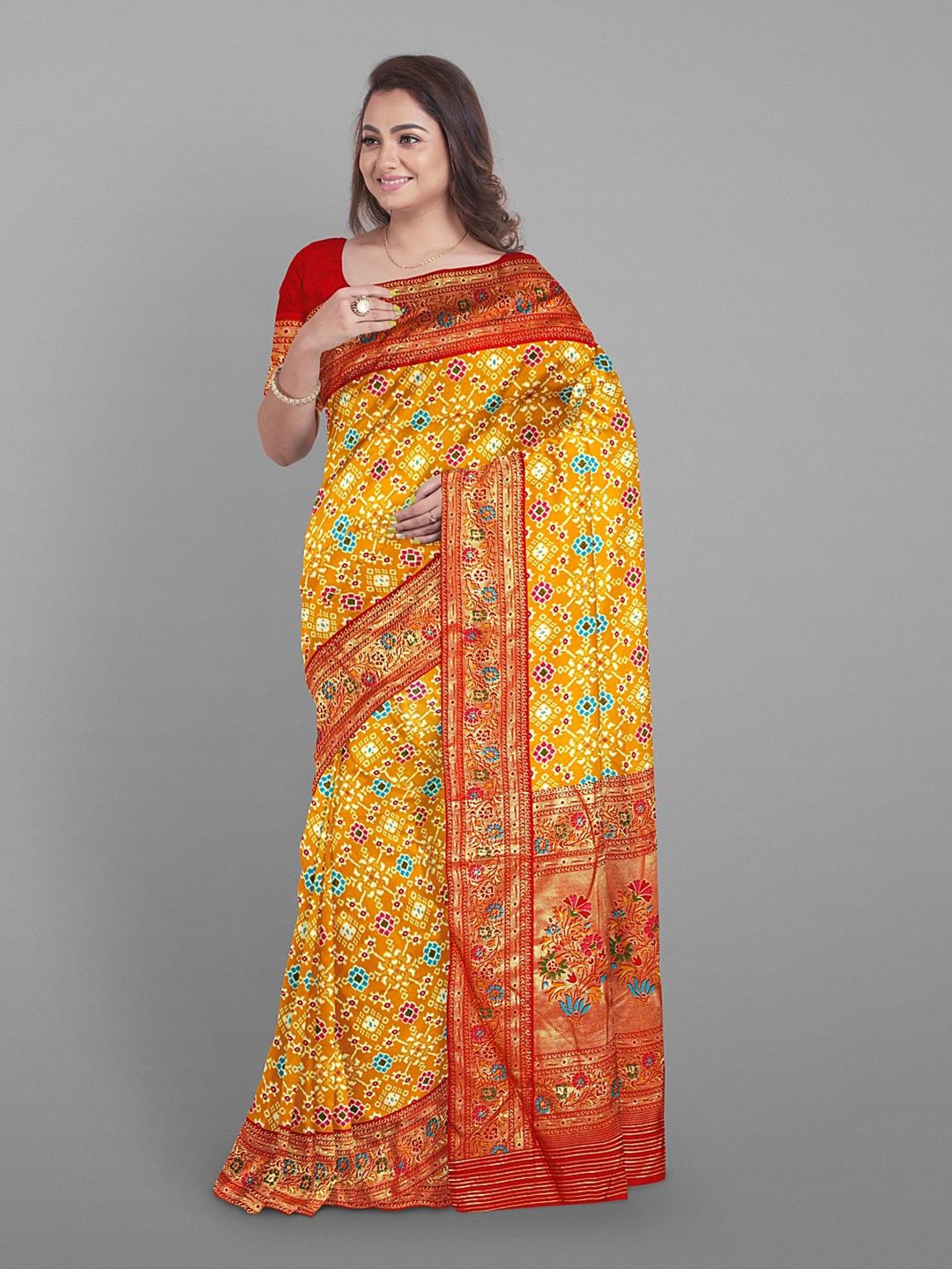 

Kalamandir Ethnic Motifs Printed Zari Ikat Saree, Mustard