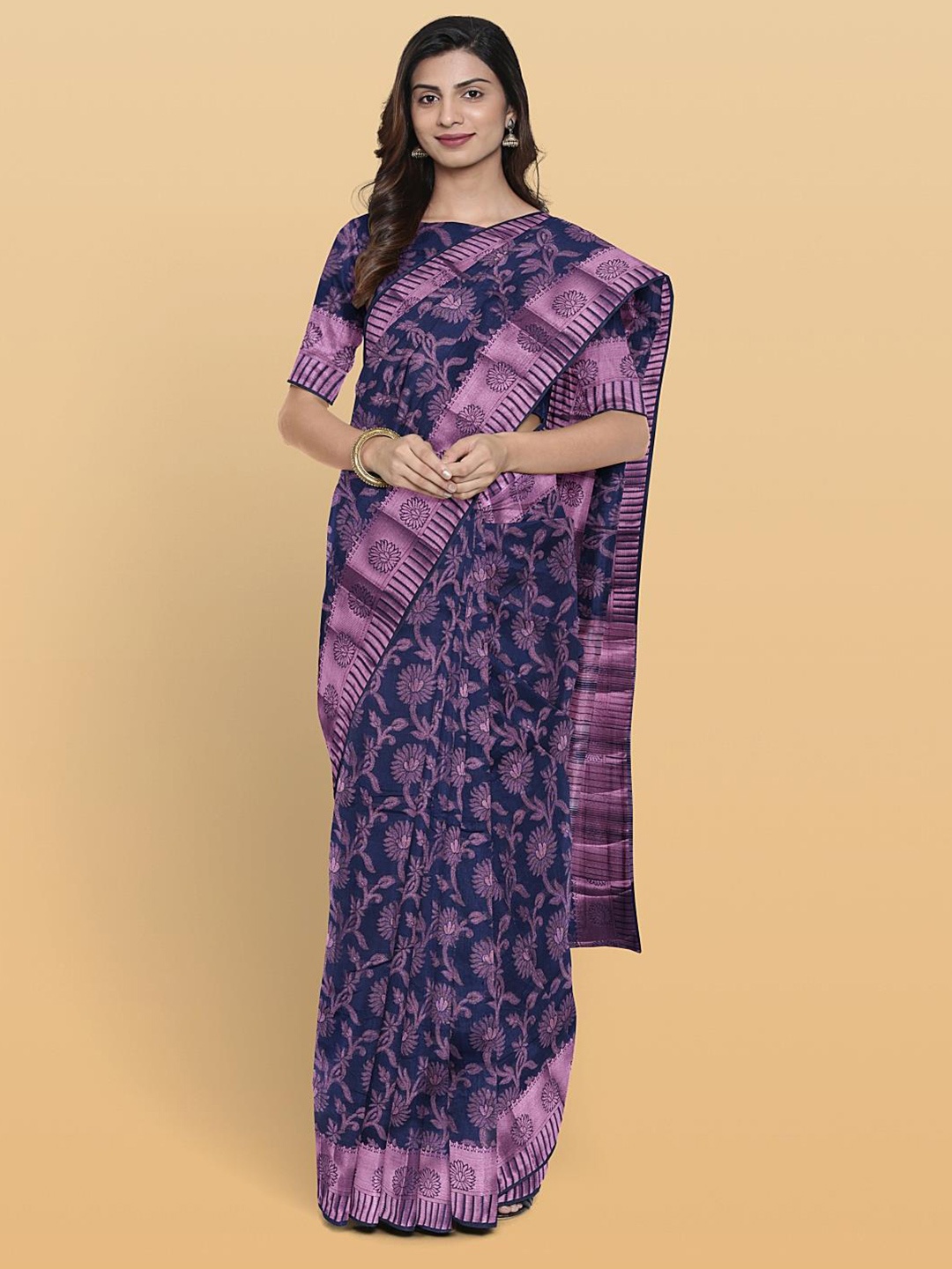 

Kalamandir Floral Woven Design Zari Pashmina Saree, Navy blue