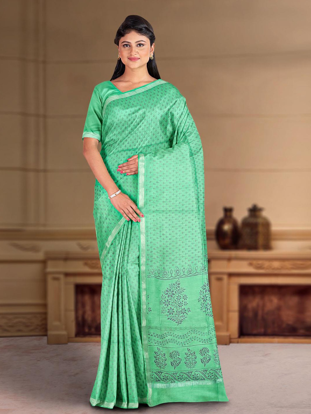 

Kalamandir Ethnic Motifs Printed Zari Saree, Sea green