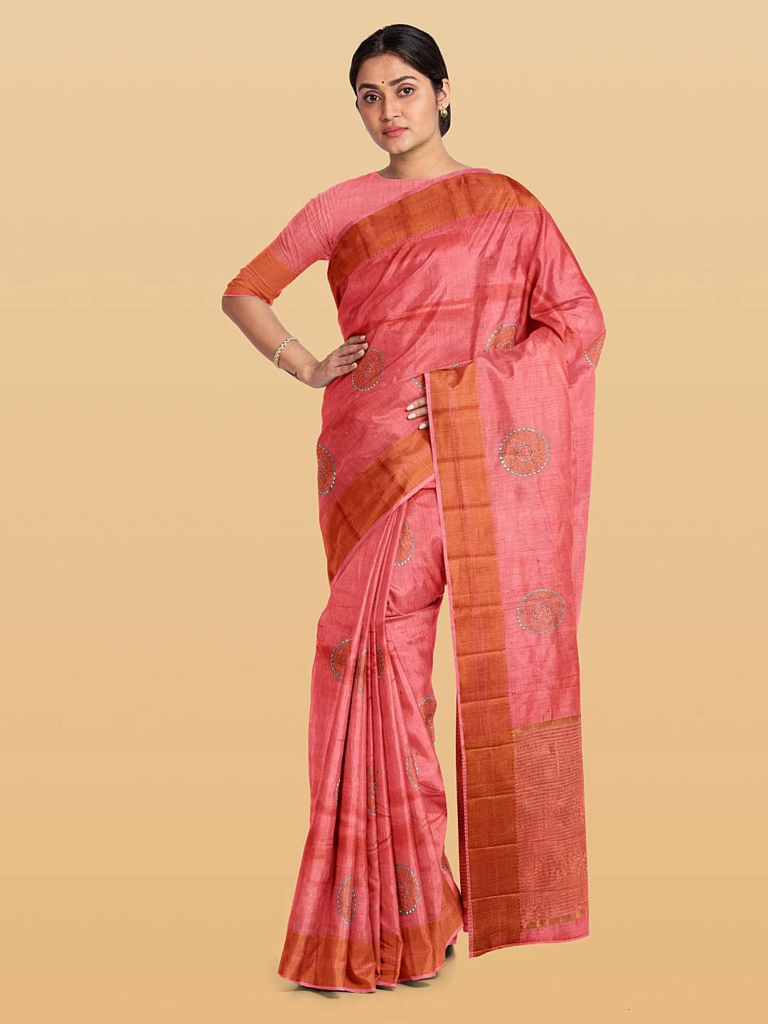 

Kalamandir EThnic Motif Woven Design Stone Work Zari Pashmina Saree, Pink
