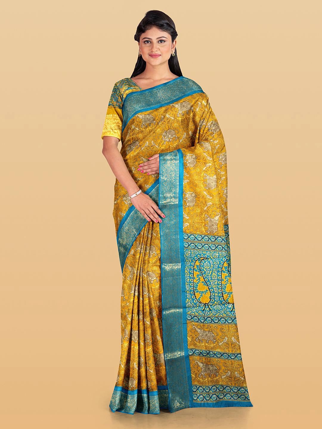 

Kalamandir Ethinic Motifs Printed Zari Saree, Mustard