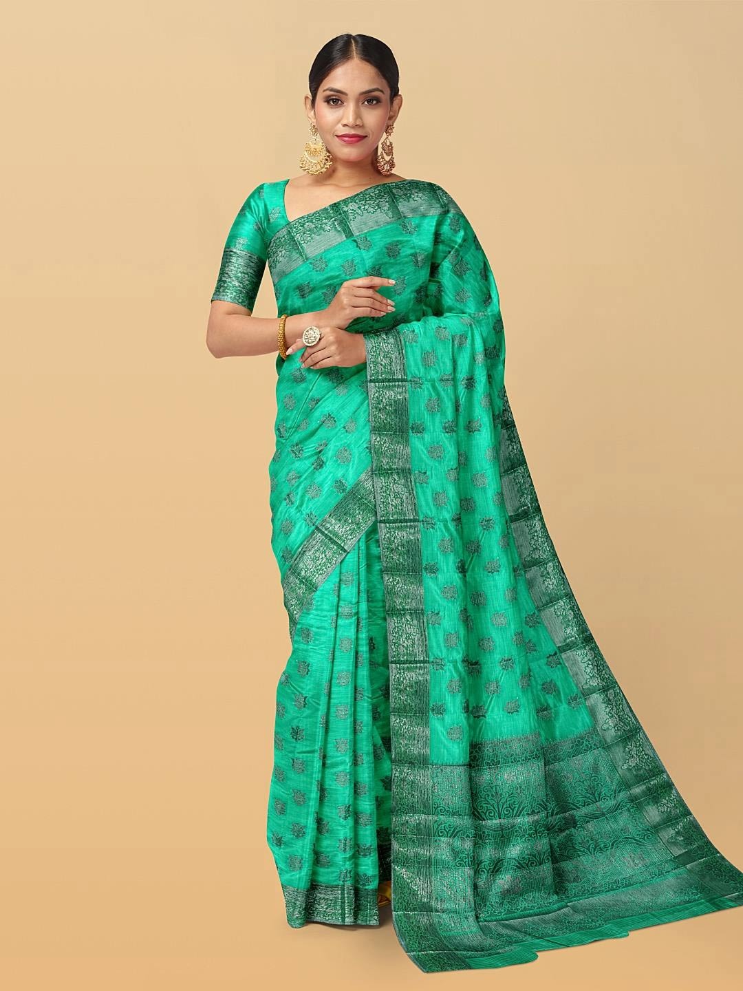 

Kalamandir Floral Woven Design Zari Pashmina Saree, Sea green