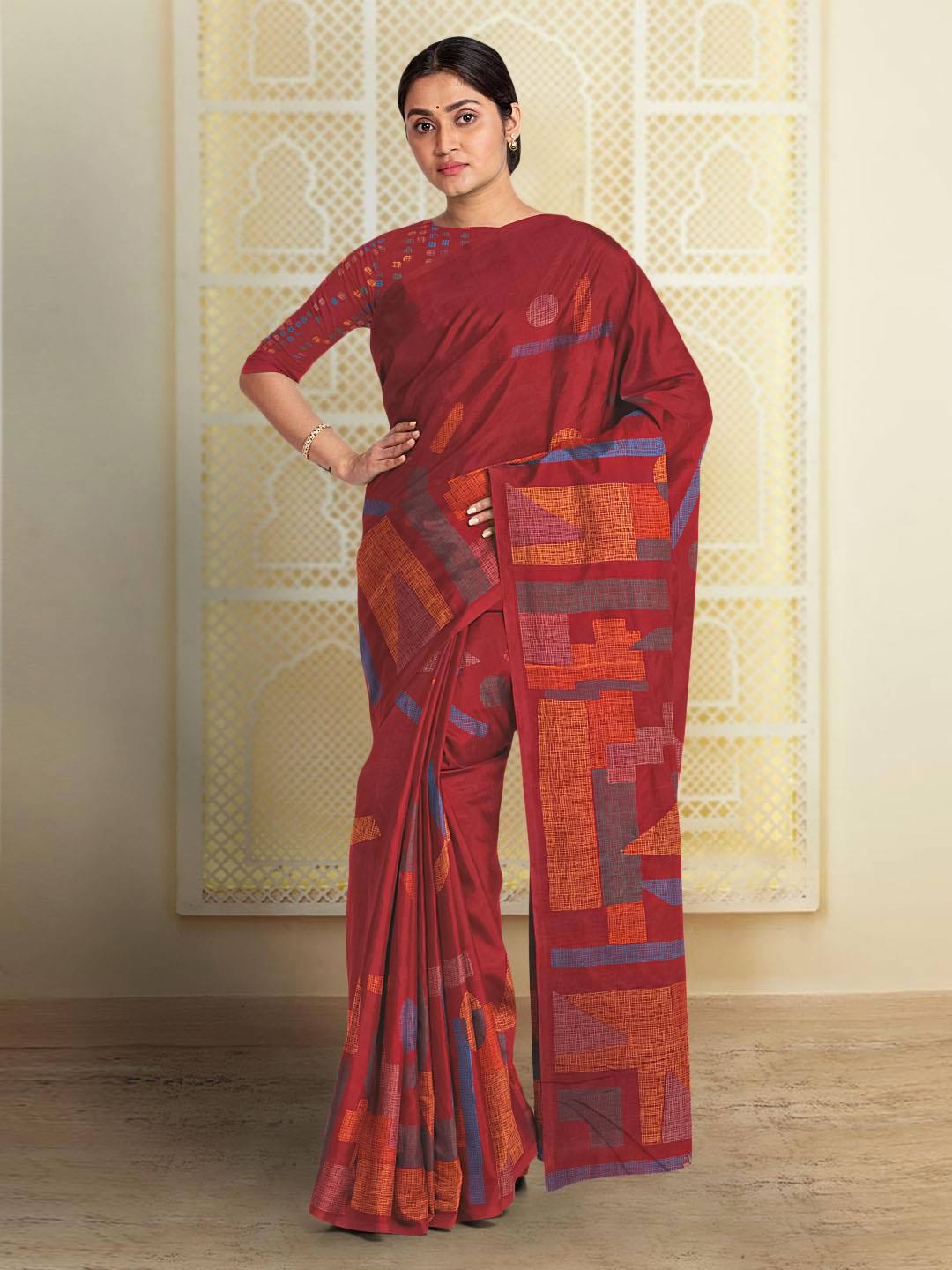 

Kalamandir Geometric Printed Saree, Maroon
