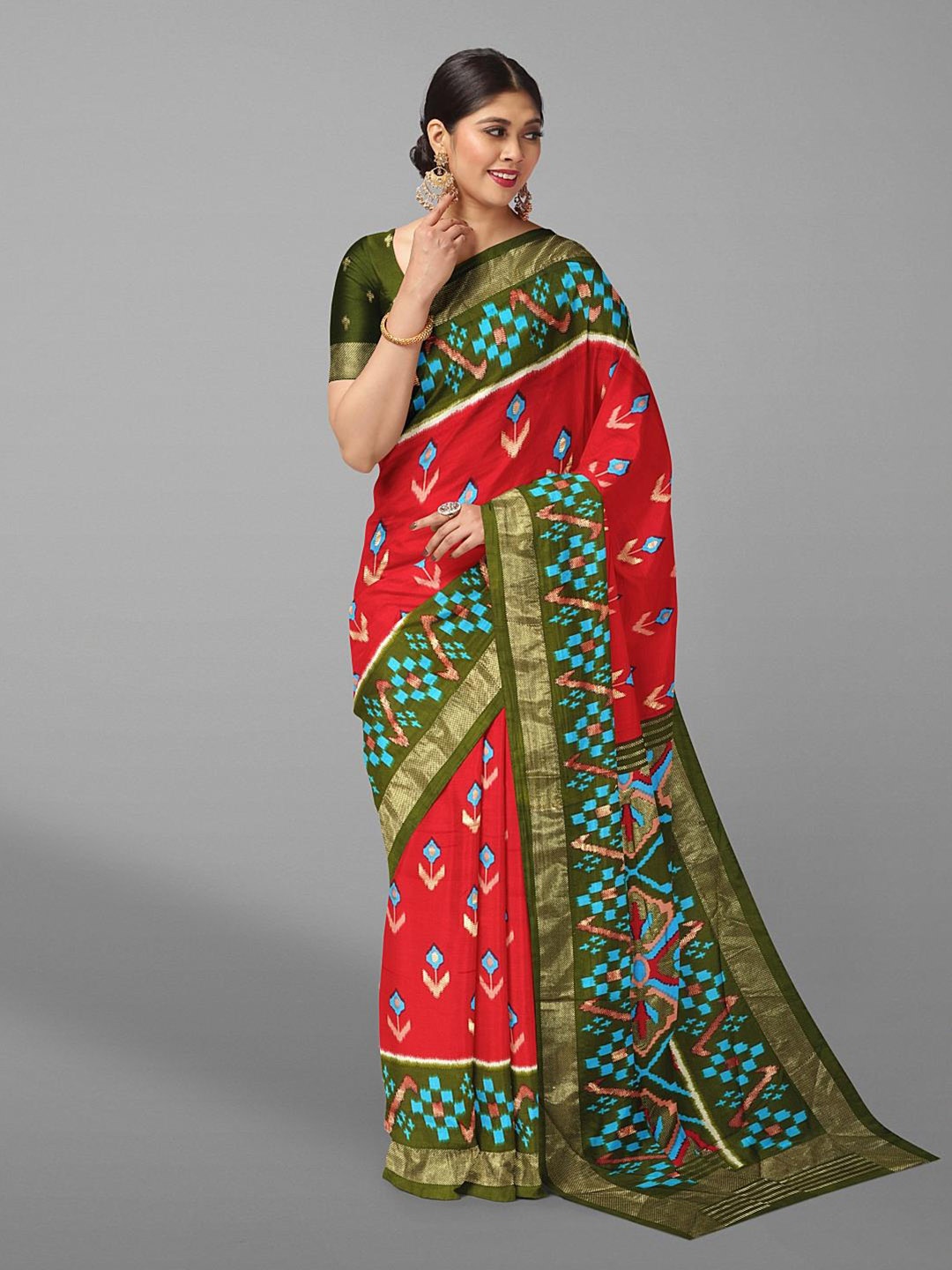 

Kalamandir Floral Printed Zari Ikkat Saree, Red