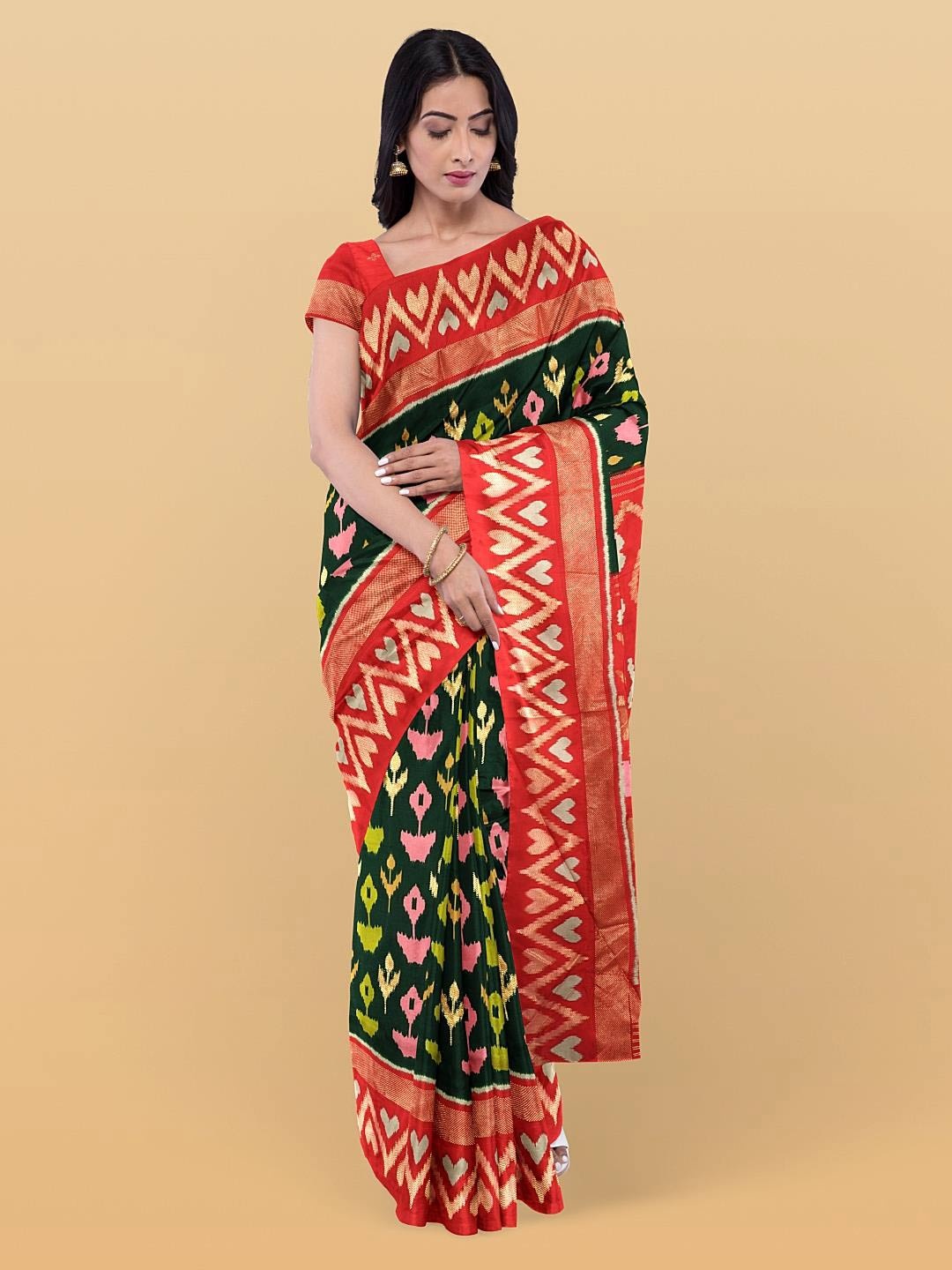 

Kalamandir Floral Printed Zari Ikkat Saree, Green