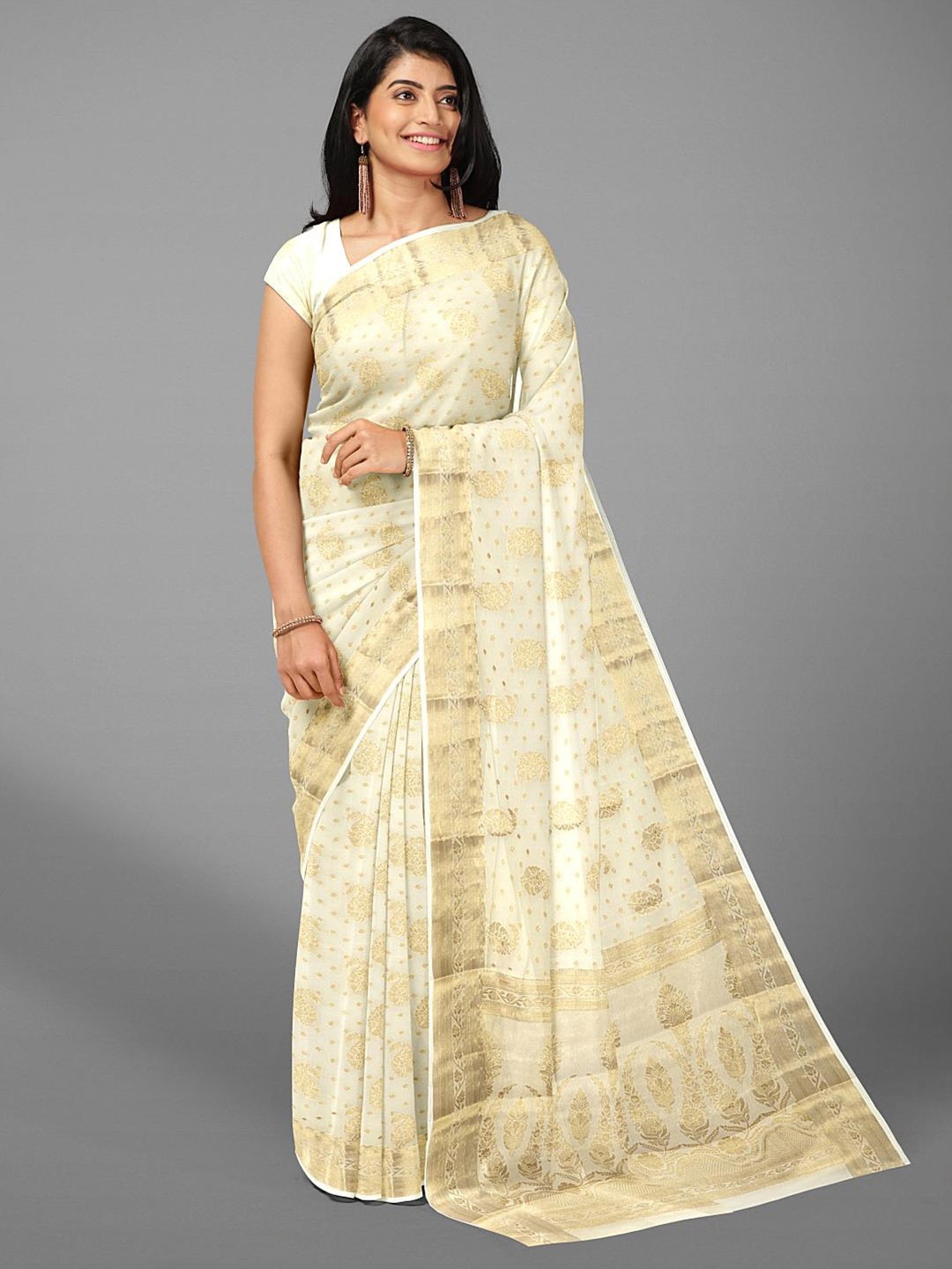 

Kalamandir Paisley Woven Design Zari Saree, Cream
