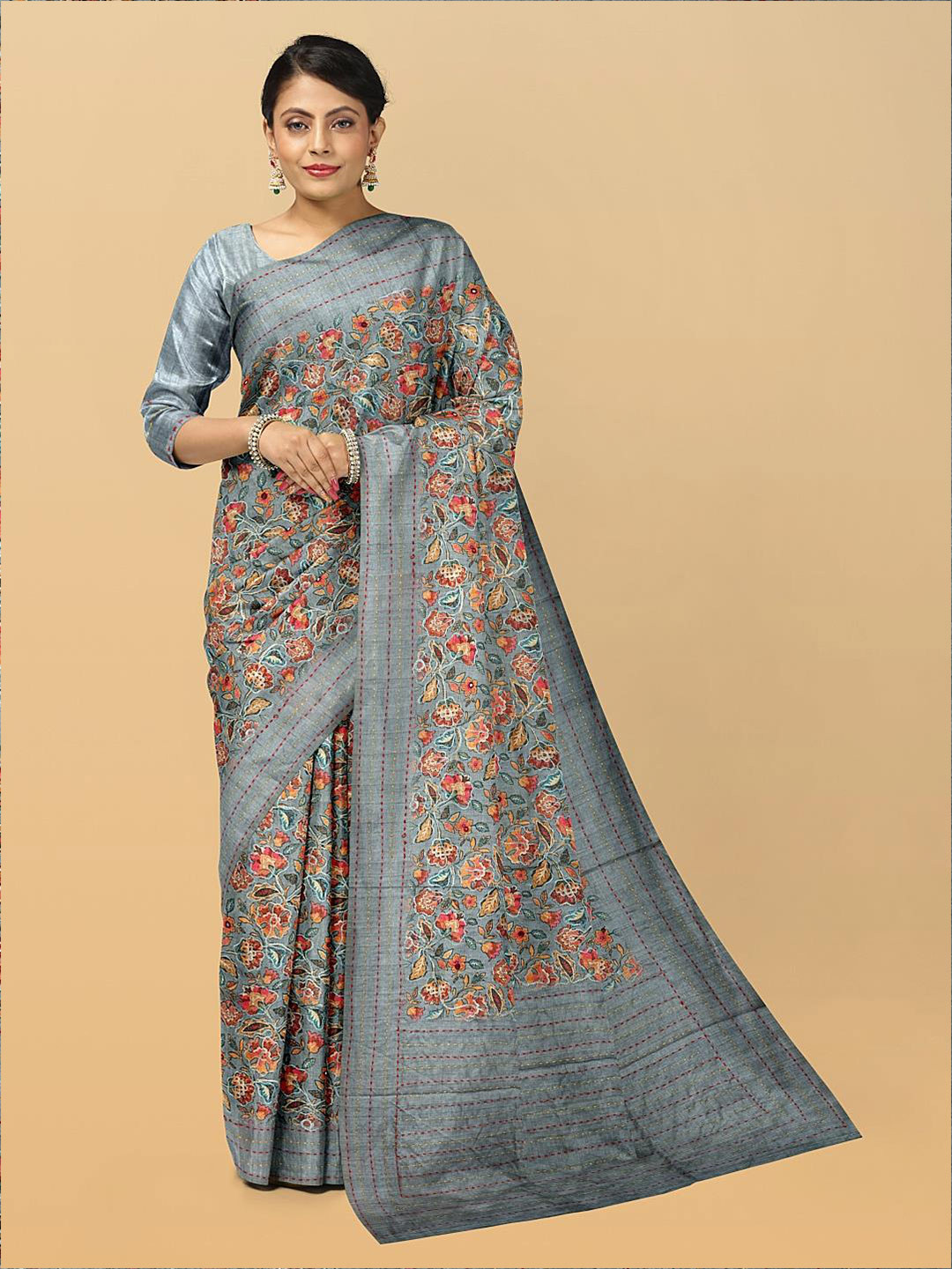 

Kalamandir Kalamkari Printed Embroidered Saree, Grey