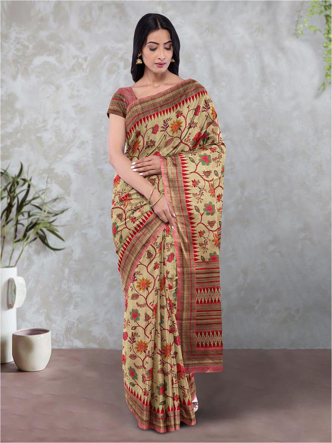 

Kalamandir Floral Printed Zari Saree, Beige