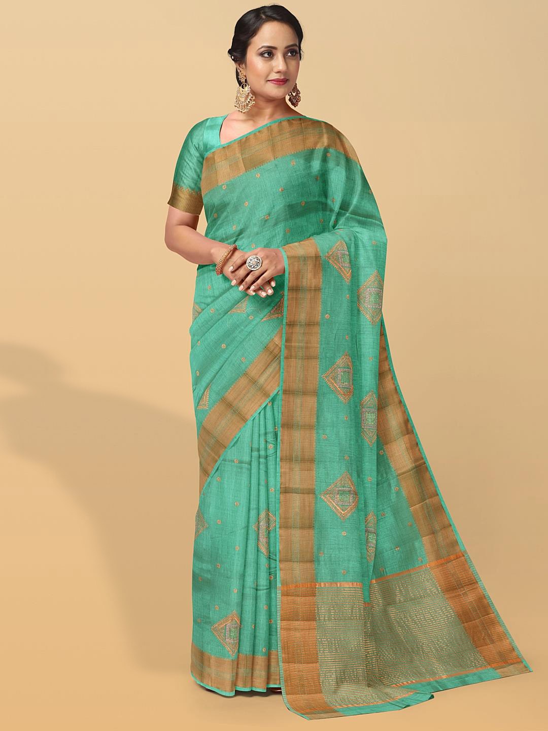 

Kalamandir Ethnic Motifs Woven Design Zari Pashmina Saree, Sea green