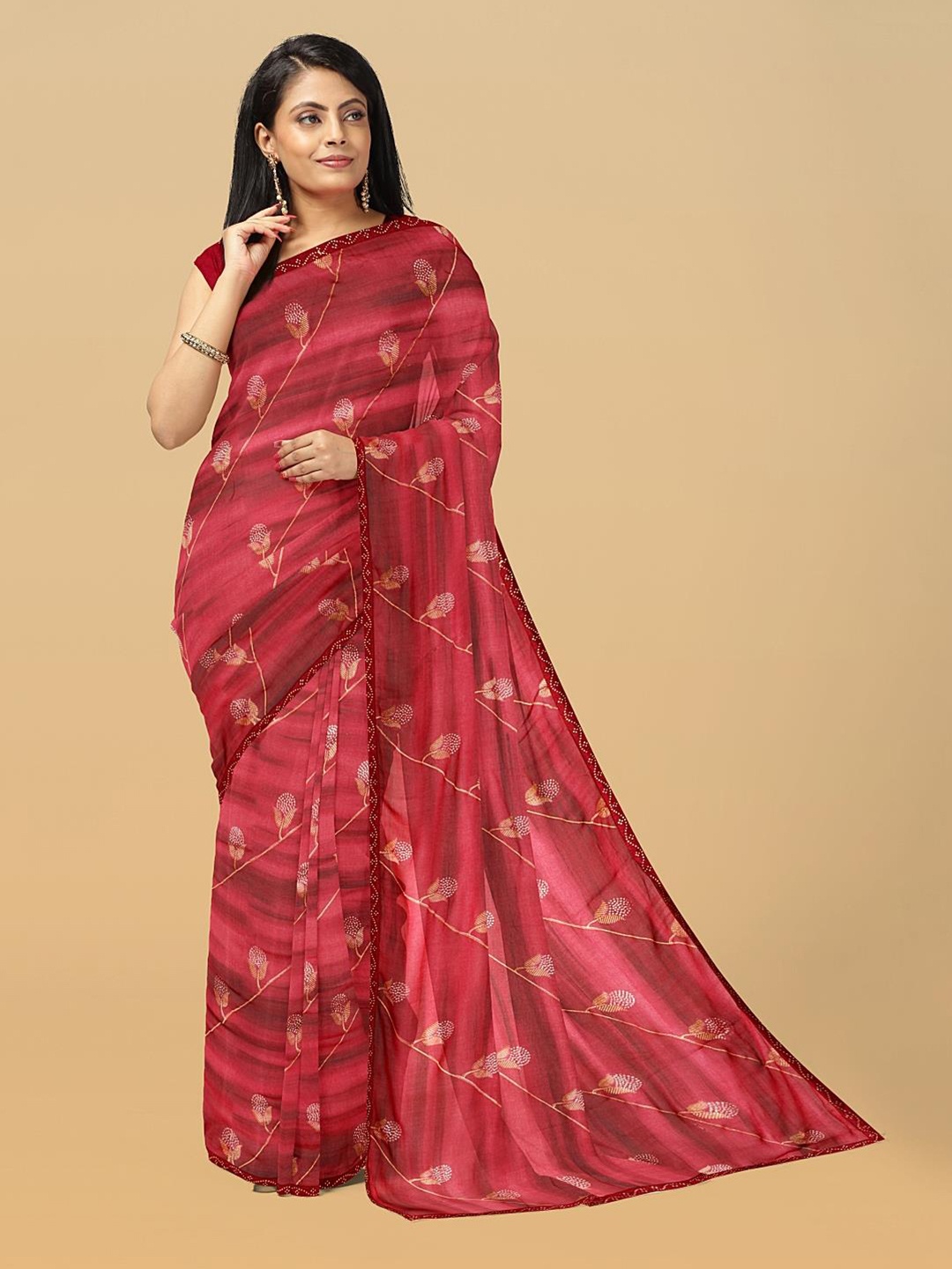 

Kalamandir Floral Printed Beads & Stones Saree, Maroon